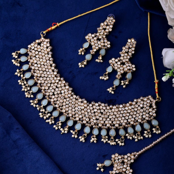 VOJ Gold And Sea Green Stone Studded Classic Choker Set - Distacart