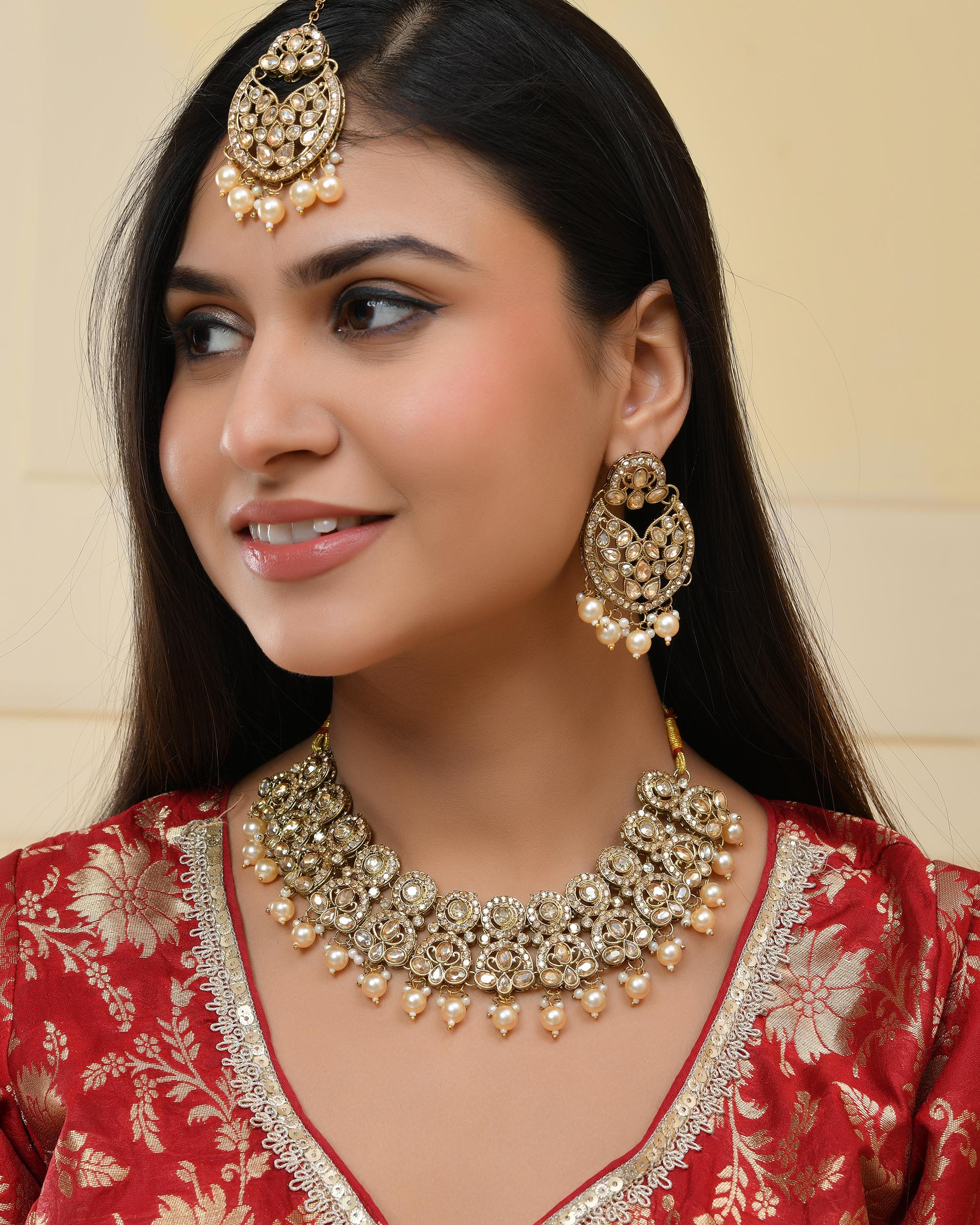 VOJ Gold-Polished Stone Studded Designer Choker With Earrings And Maang Tikka Set - Distacart
