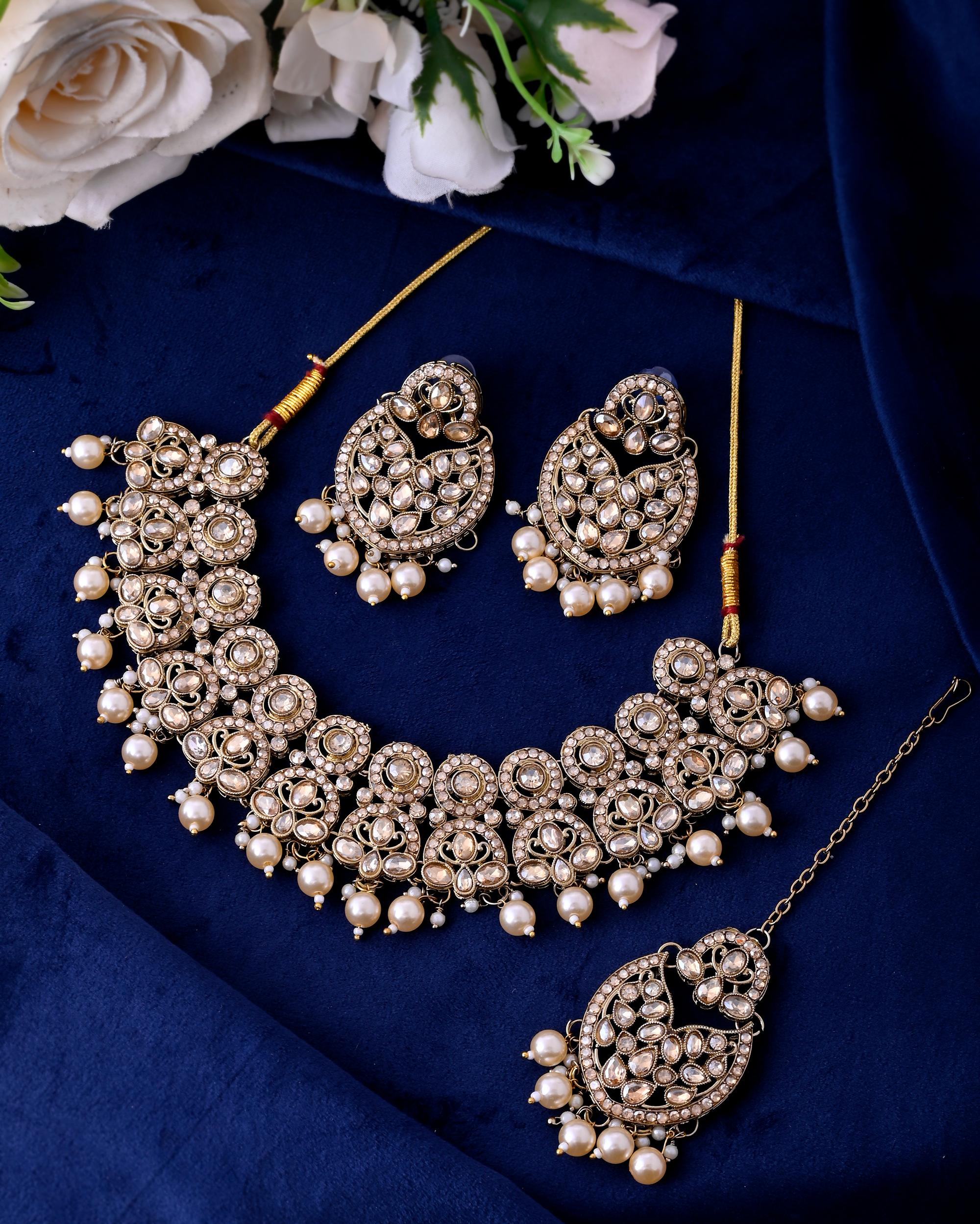 VOJ Gold-Polished Stone Studded Designer Choker With Earrings And Maang Tikka Set - Distacart