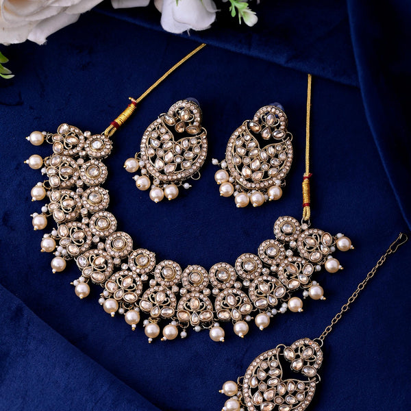 VOJ Gold-Polished Stone Studded Designer Choker With Earrings And Maang Tikka Set - Distacart