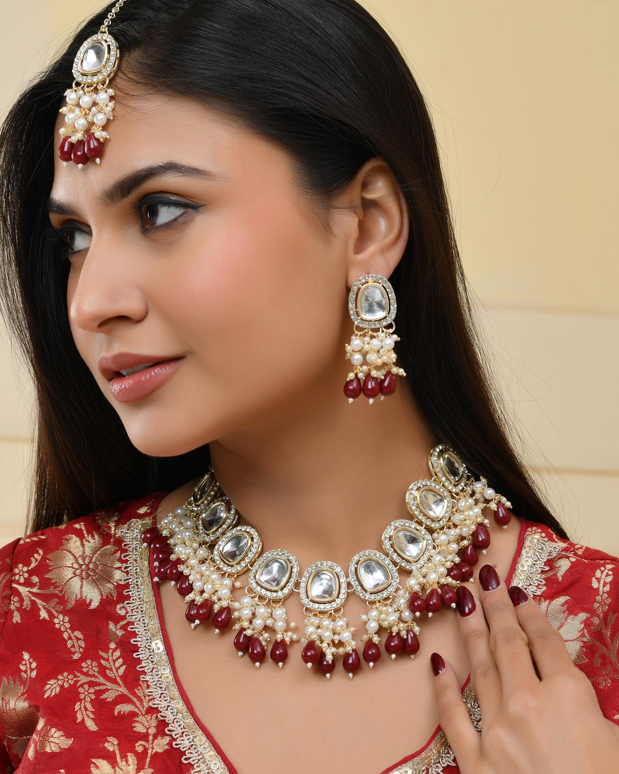 VOJ Kundan Stone And Maroon Beaded Studded Gold-Polished Jewellery Set - Distacart