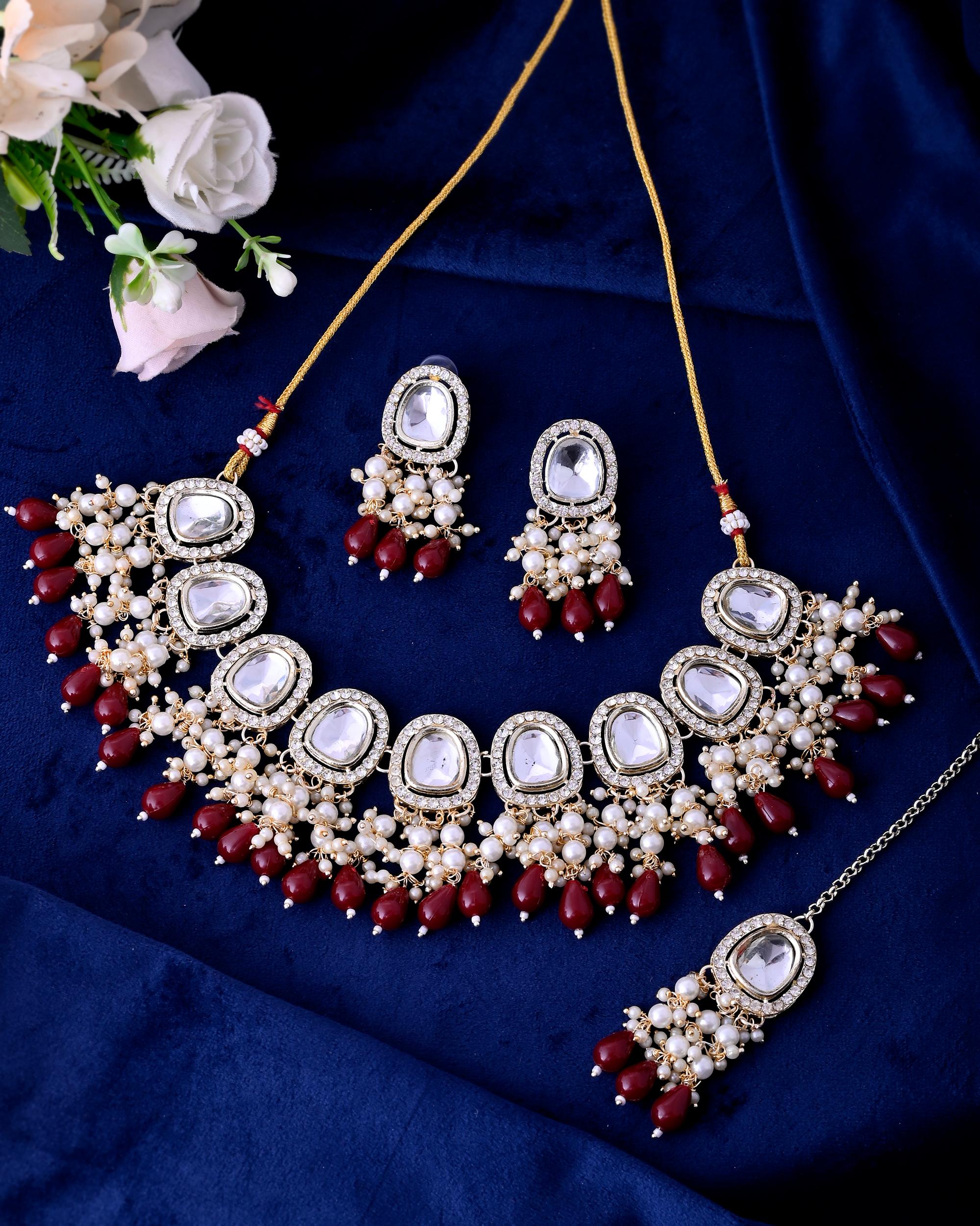 VOJ Kundan Stone And Maroon Beaded Studded Gold-Polished Jewellery Set - Distacart