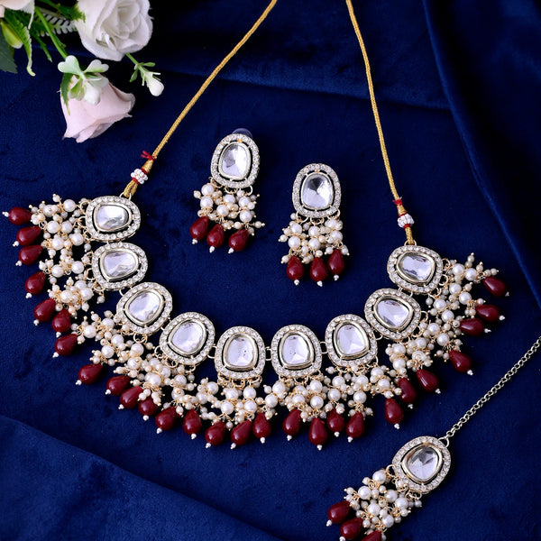 VOJ Kundan Stone And Maroon Beaded Studded Gold-Polished Jewellery Set - Distacart