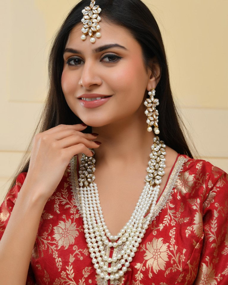 VOJ Pearl And Kundan Studded Long Necklace With Earrings And Maang Tikka Set - Distacart