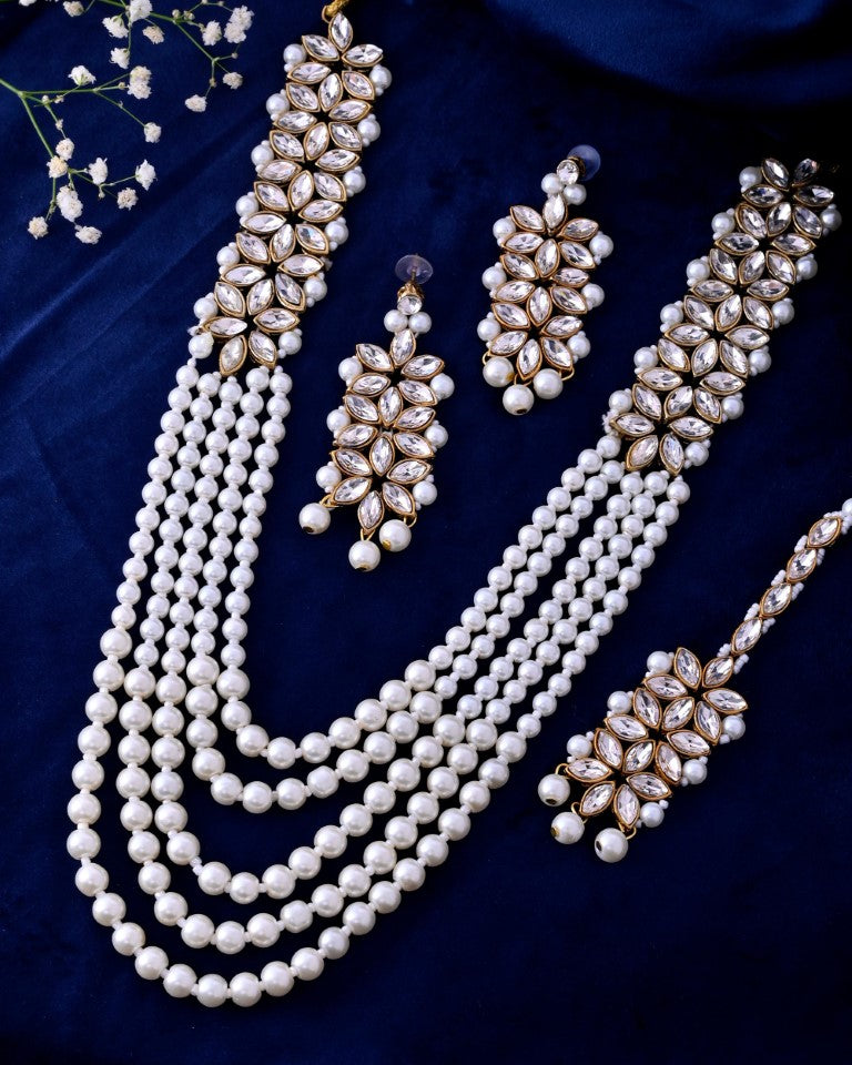 VOJ Pearl And Kundan Studded Long Necklace With Earrings And Maang Tikka Set - Distacart