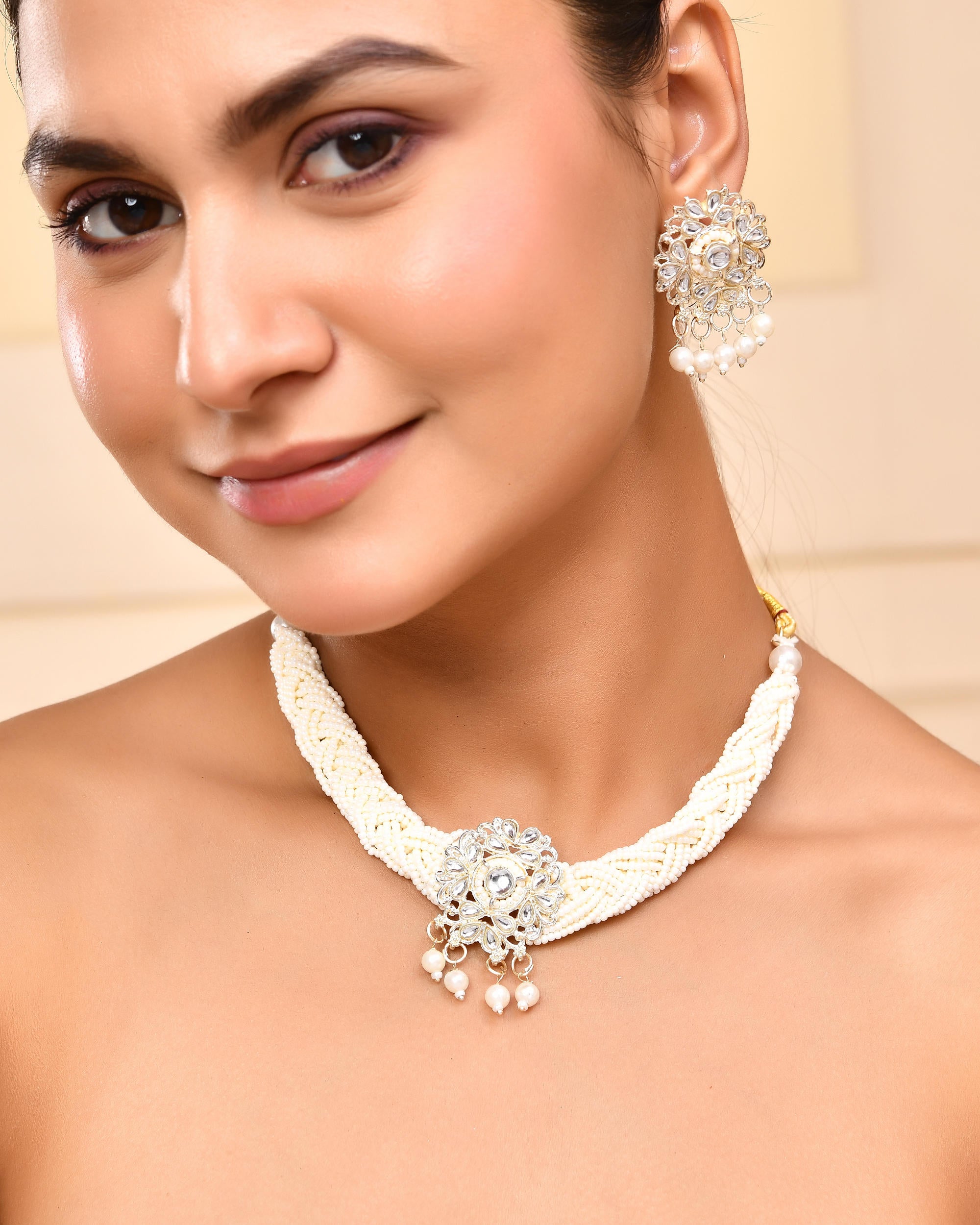 VOJ Kundan with Pearl Studded Choker Necklace With Earrings Set - Distacart