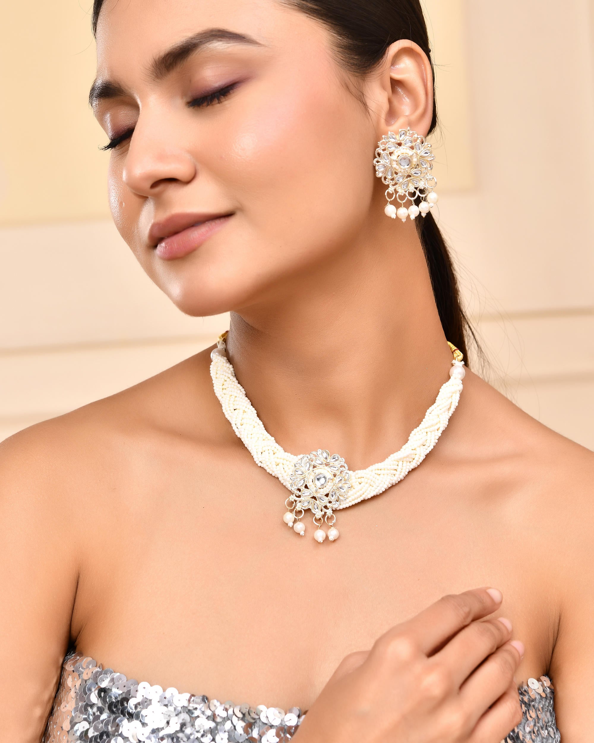 VOJ Kundan with Pearl Studded Choker Necklace With Earrings Set - Distacart