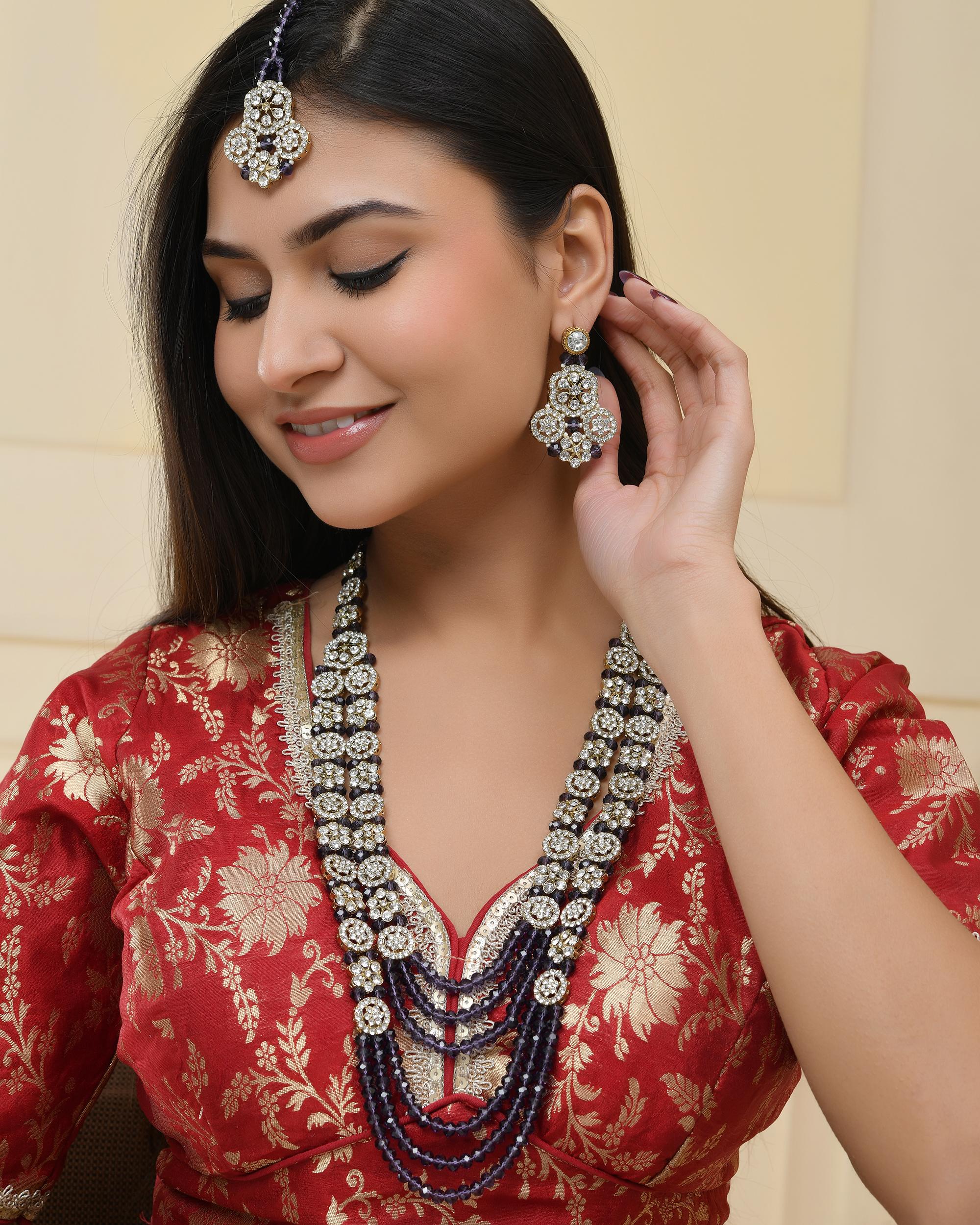 VOJ Purple Beaded With Stone Studded Long Jewellery Set - Distacart