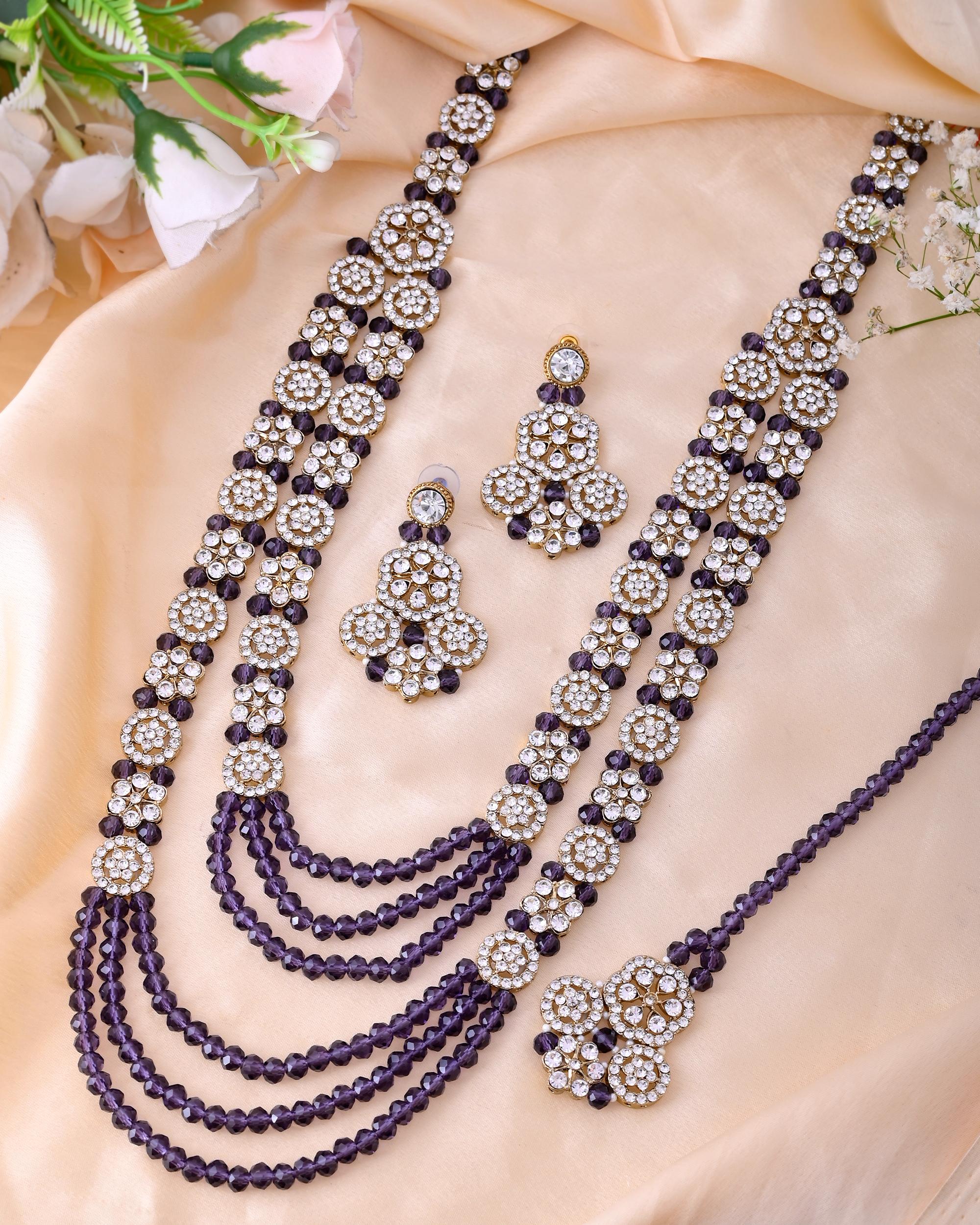 VOJ Purple Beaded With Stone Studded Long Jewellery Set - Distacart