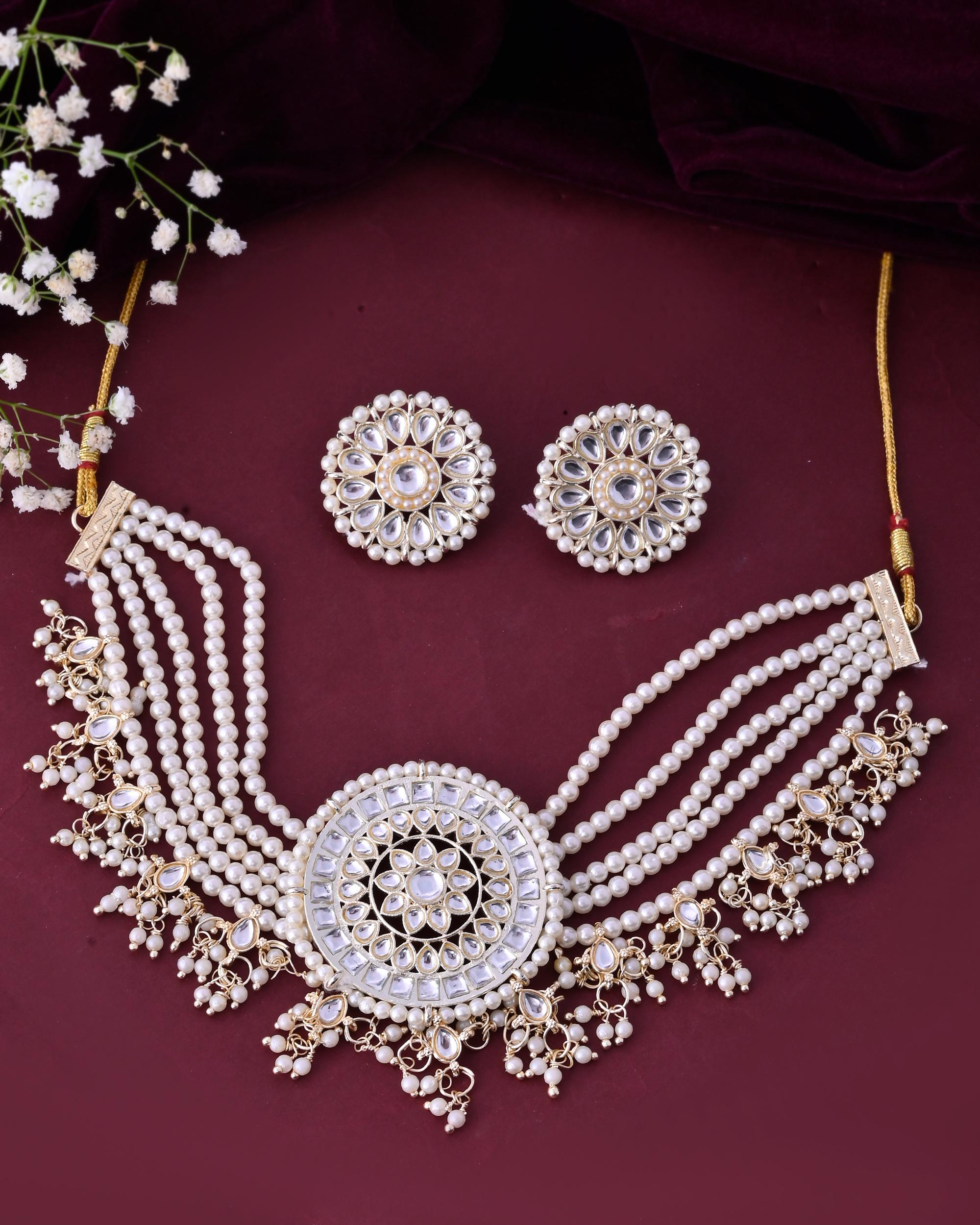 VOJ Gold-Polished Kundan Studded Choker Jewellery Set - Distacart