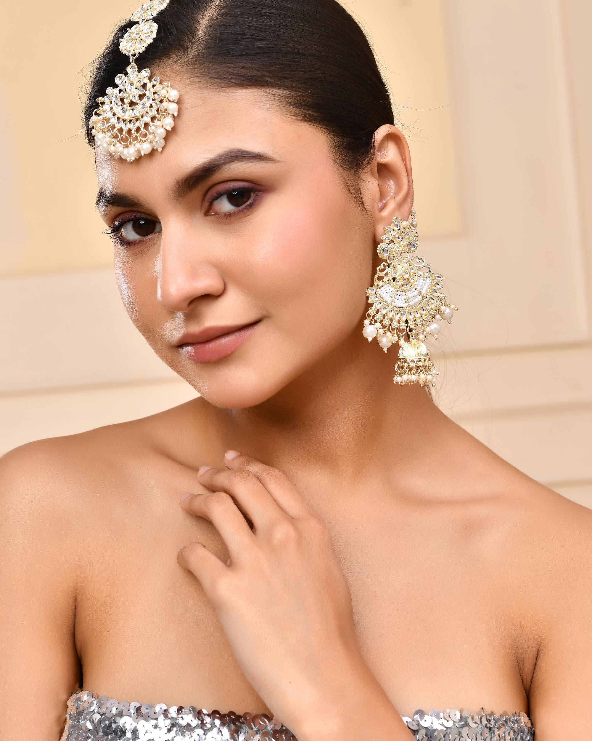 VOJ Gold-Polished Kundan Studded Earrings with Maang Tikka - Distacart