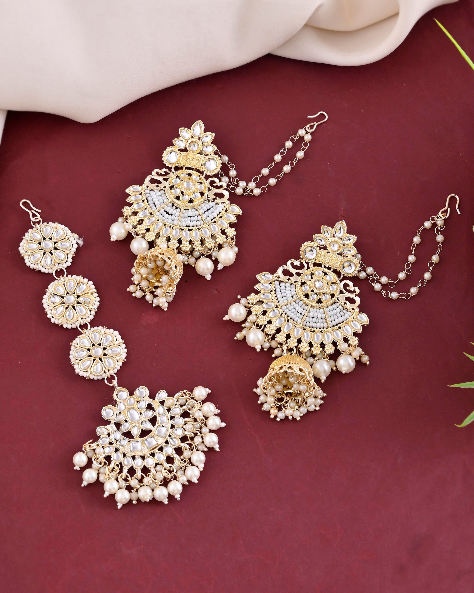 VOJ Gold-Polished Kundan Studded Earrings with Maang Tikka - Distacart