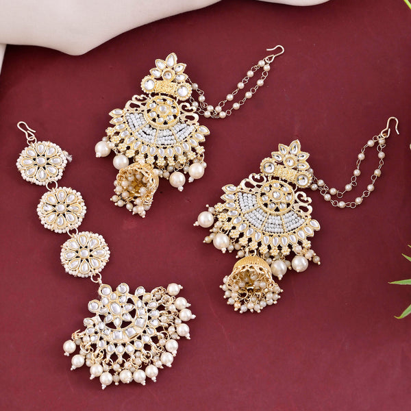 VOJ Gold-Polished Kundan Studded Earrings with Maang Tikka - Distacart
