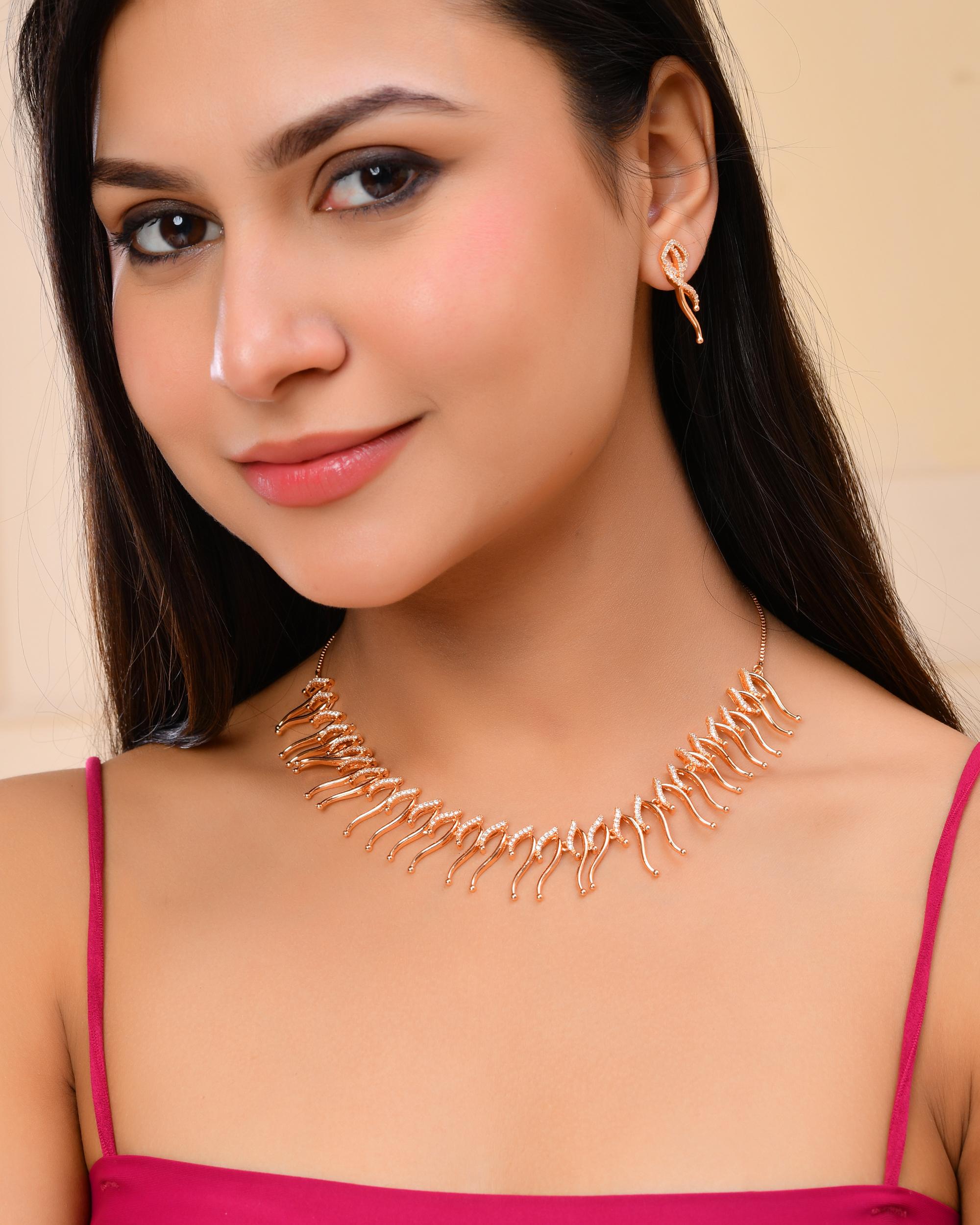 VOJ Ad Stone Studded Designer Gold-Polished Jewellery Set - Distacart