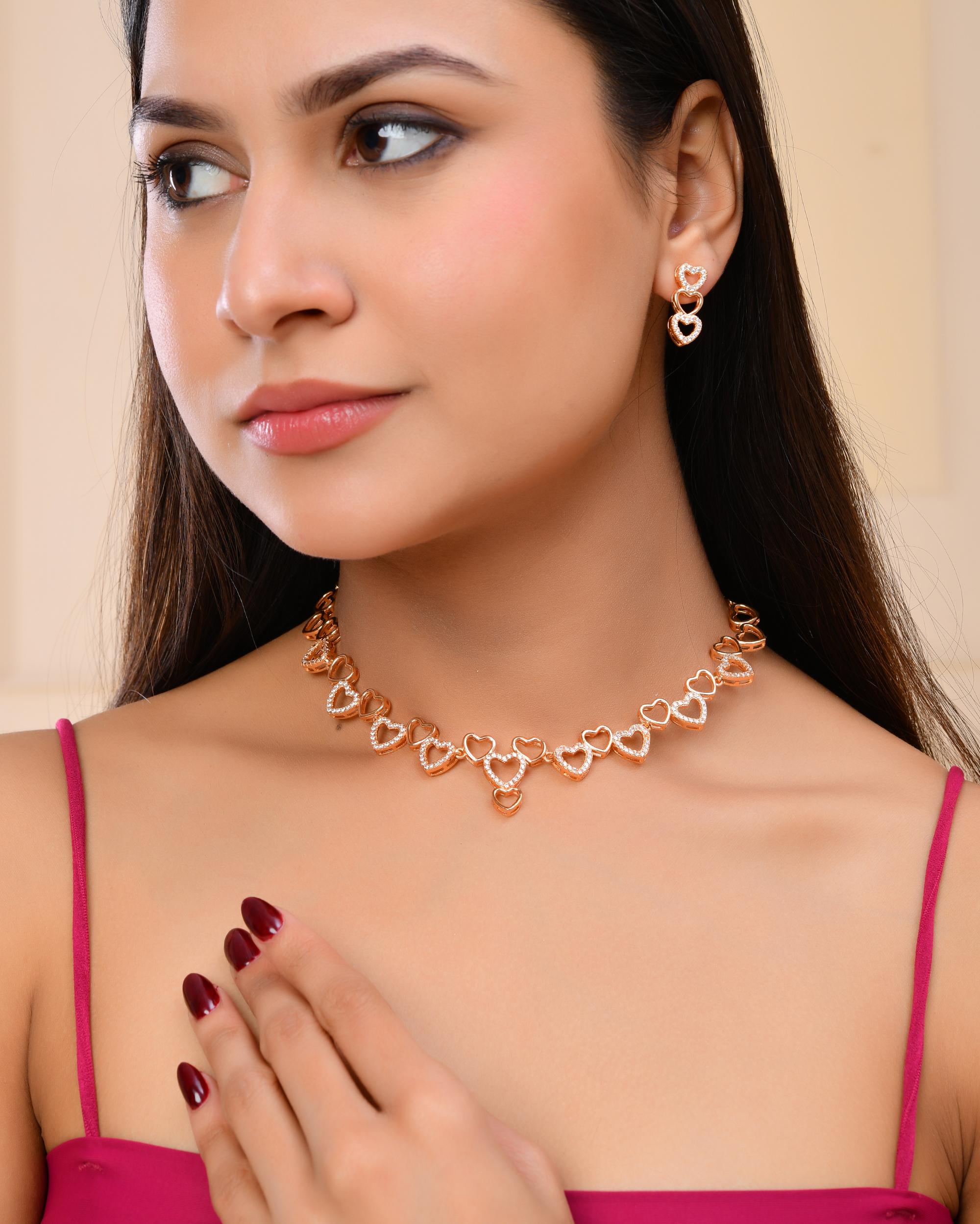 VOJ Ad Stone Studded Heart Shaped Designer Gold-Polished Jewellery Set - Distacart