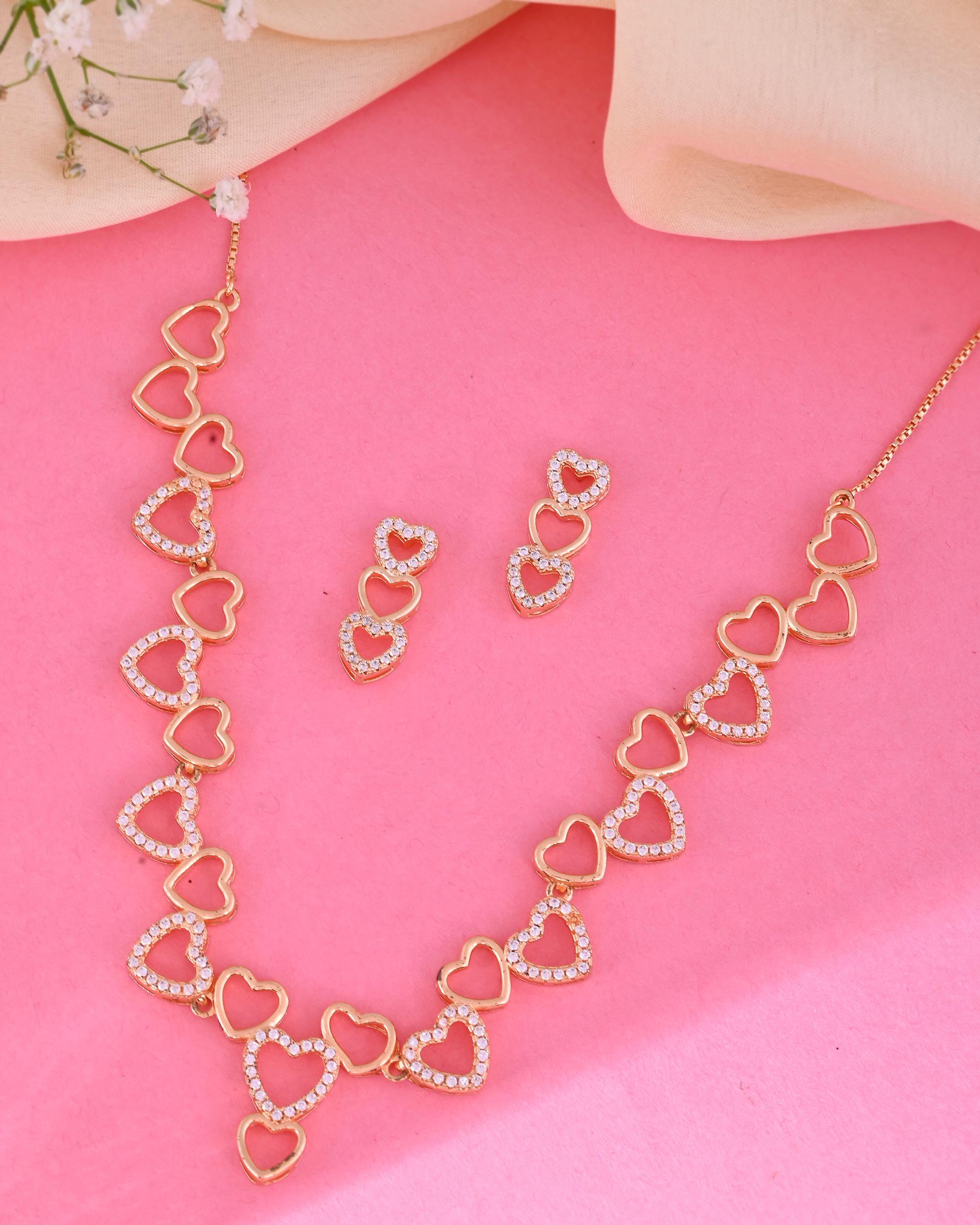 VOJ Ad Stone Studded Heart Shaped Designer Gold-Polished Jewellery Set - Distacart