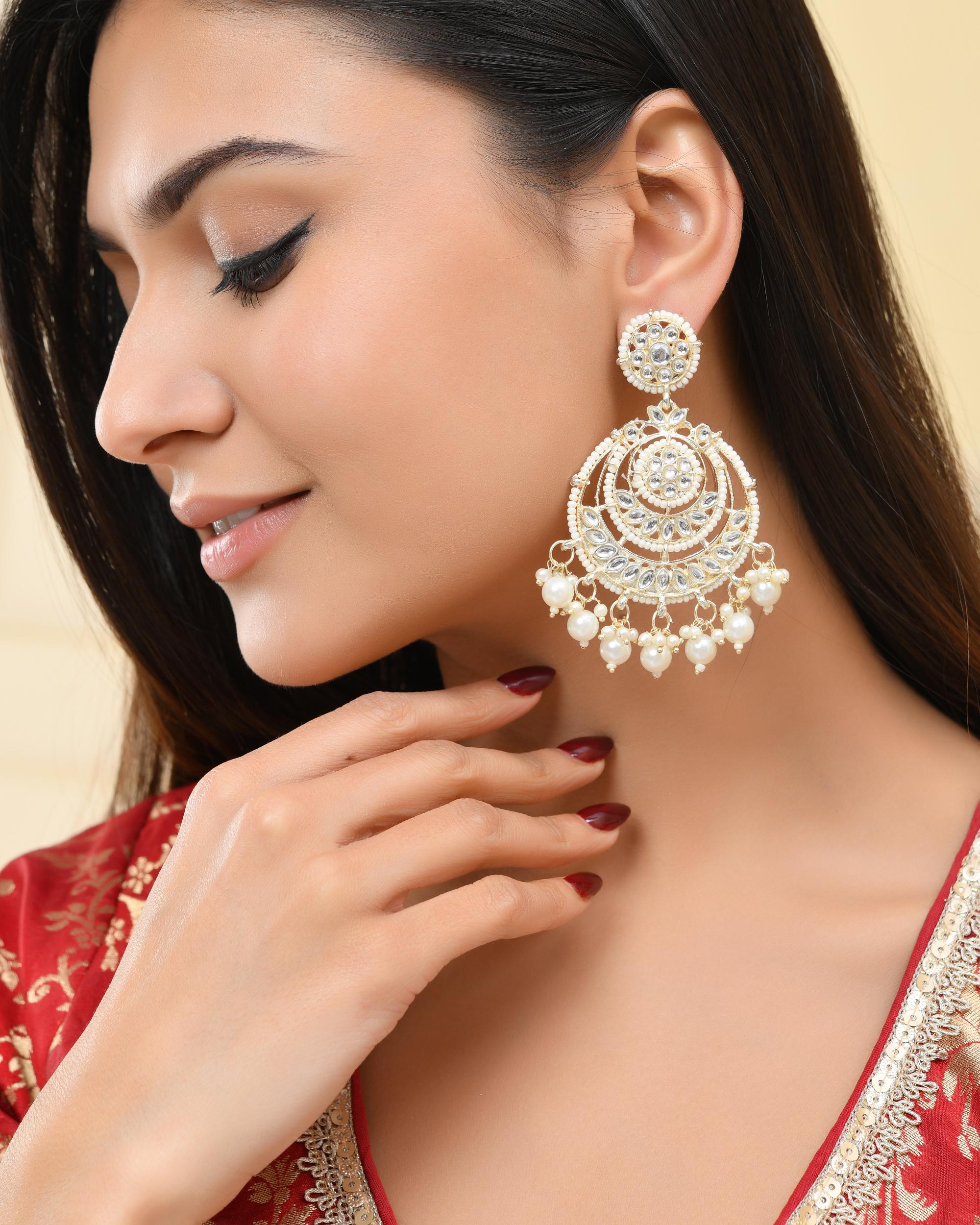 VOJ Gold-Polished Kundan And Pearl Studded Circular Earrings - Distacart