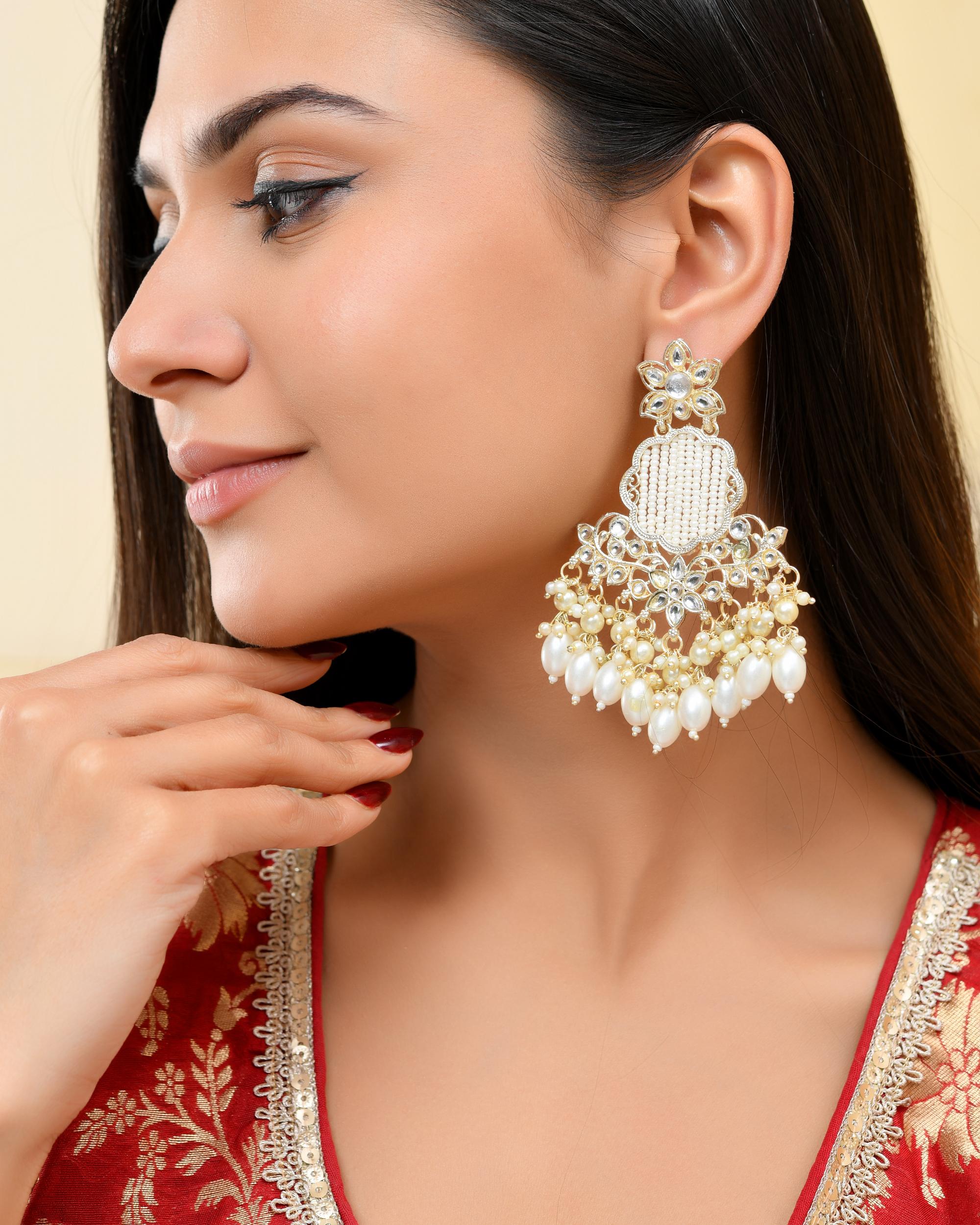 VOJ Gold-Polished Kundan Studded Pearl Drop Earrings - Distacart