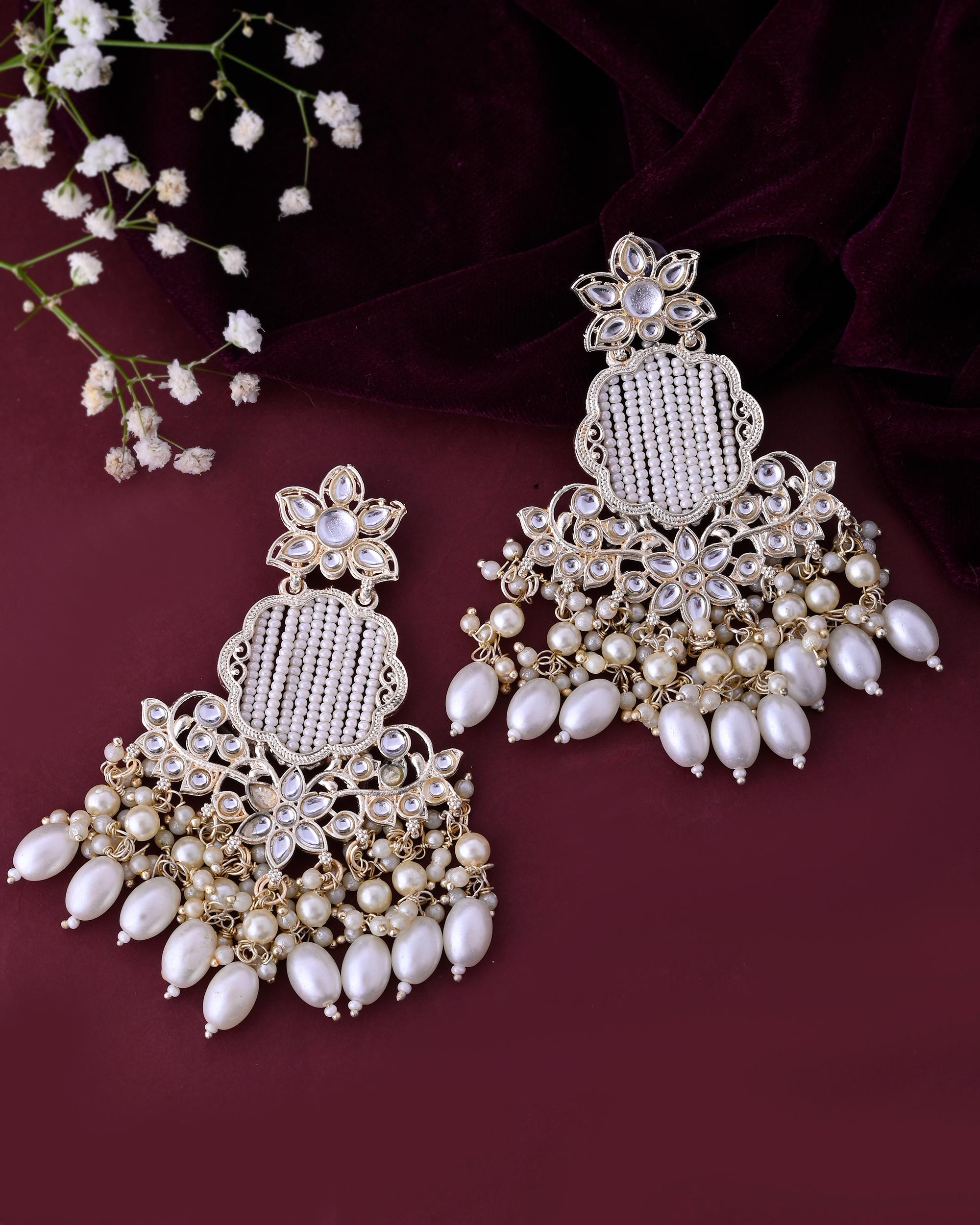 VOJ Gold-Polished Kundan Studded Pearl Drop Earrings - Distacart