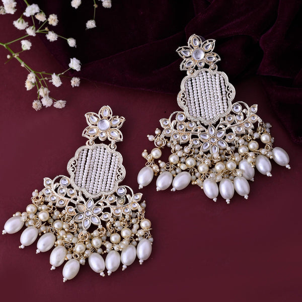 VOJ Gold-Polished Kundan Studded Pearl Drop Earrings - Distacart