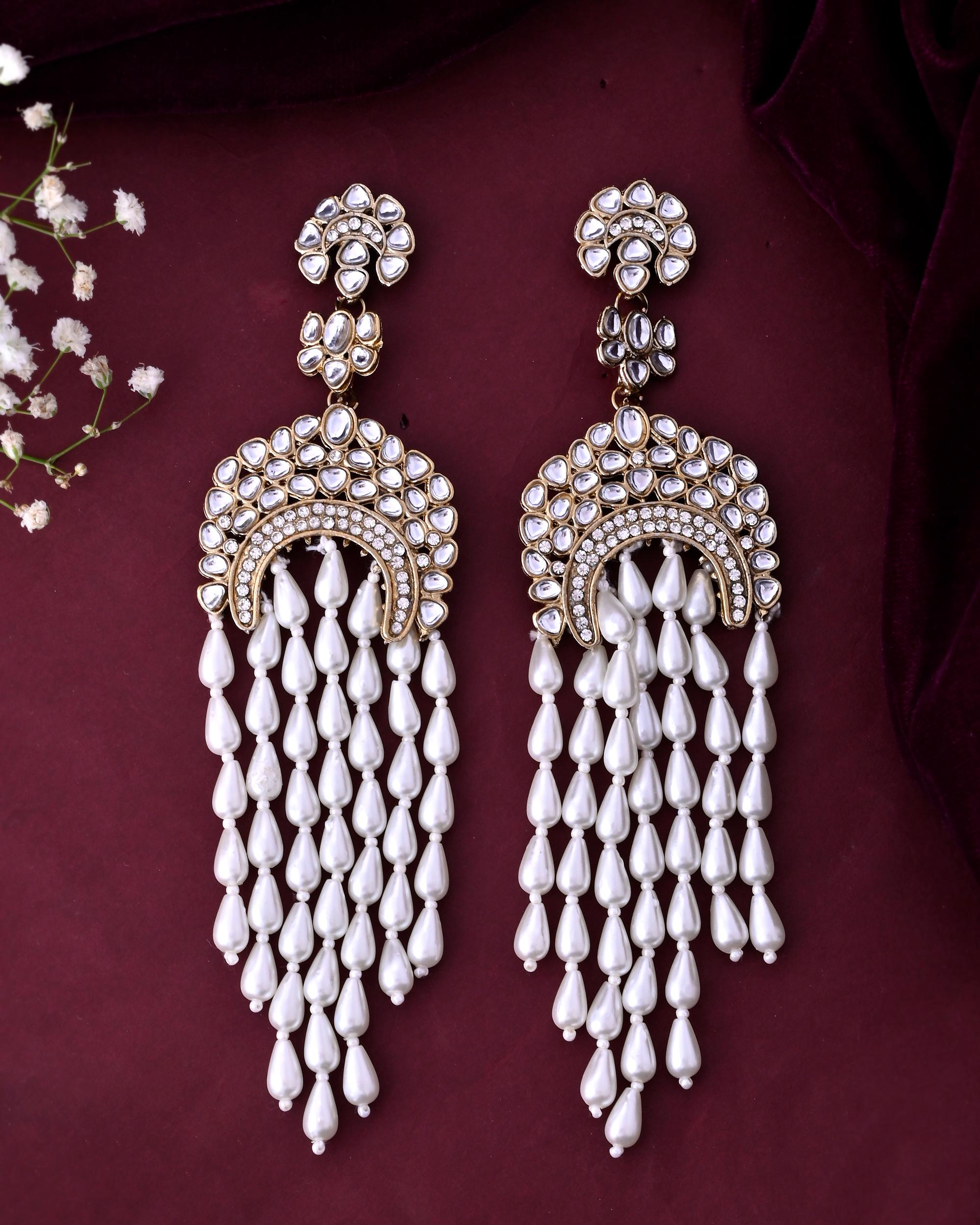 VOJ Kundan Studded White Pearl Long Drop Earrings - Distacart