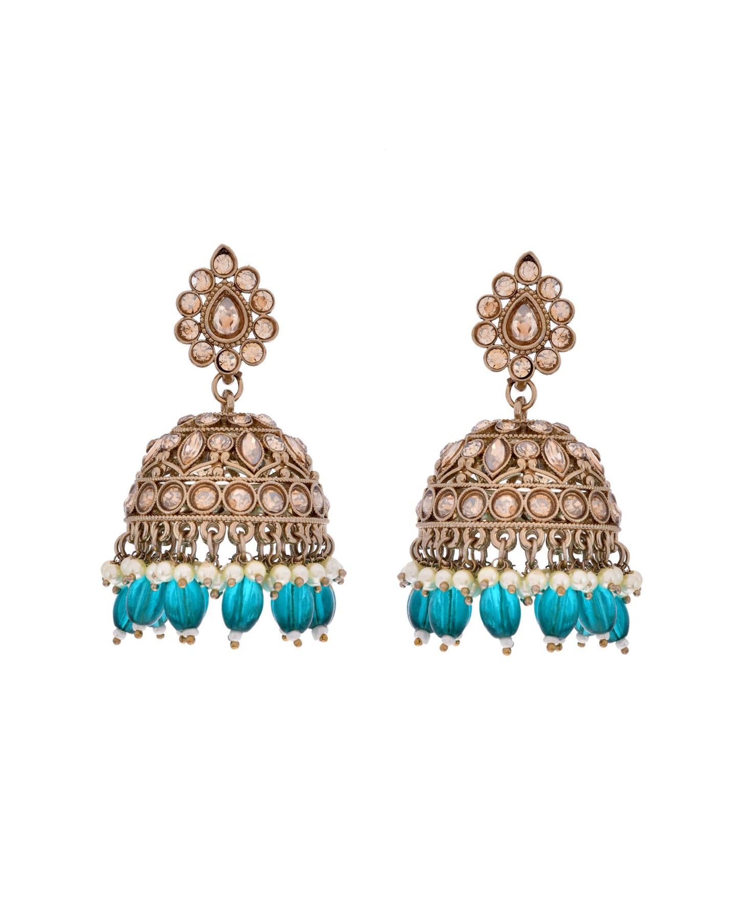 VOJ Gold-Polished Stone Studded Dome Shaped Jhumkas - Distacart