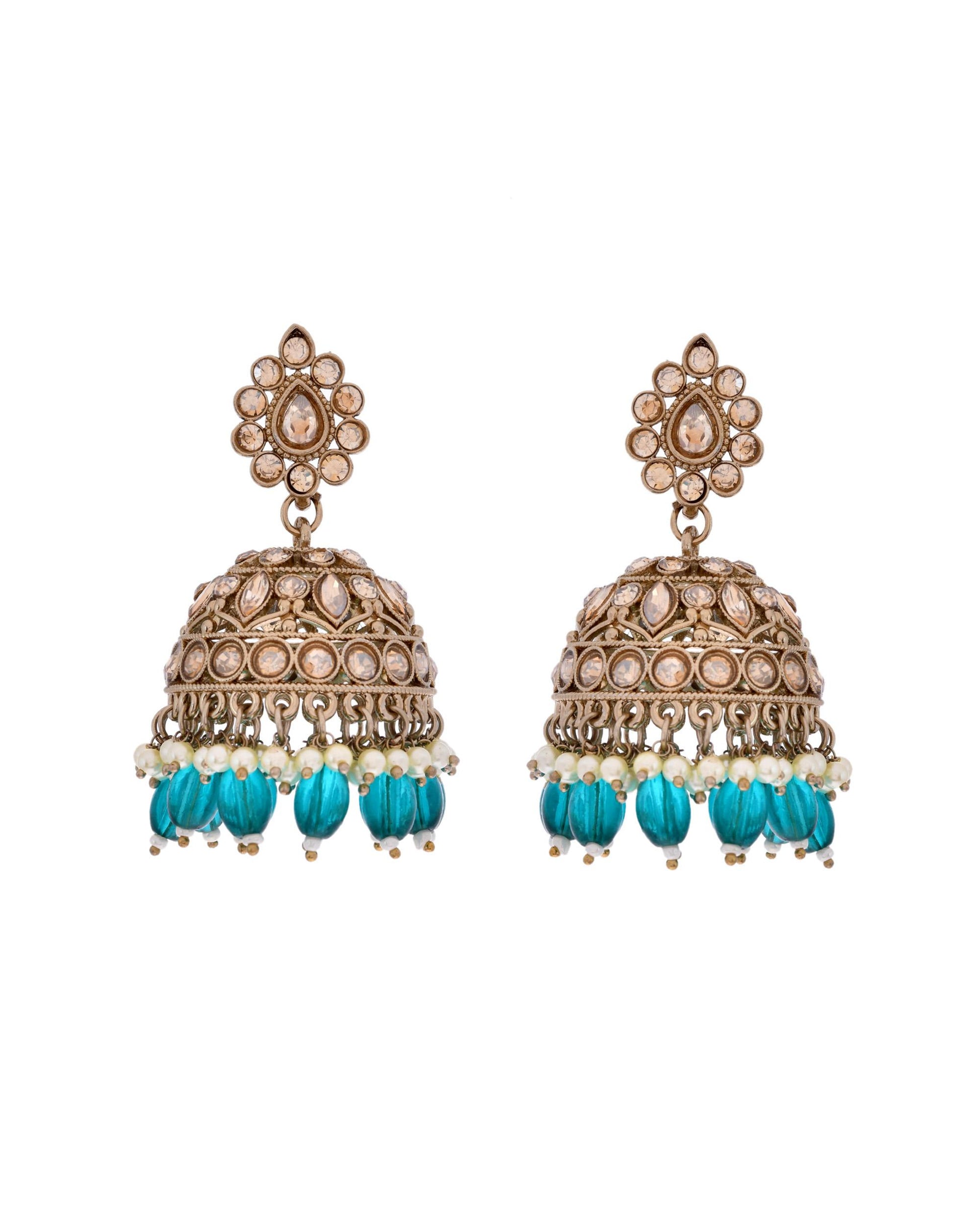 VOJ Gold-Polished Stone Studded Dome Shaped Jhumkas - Distacart