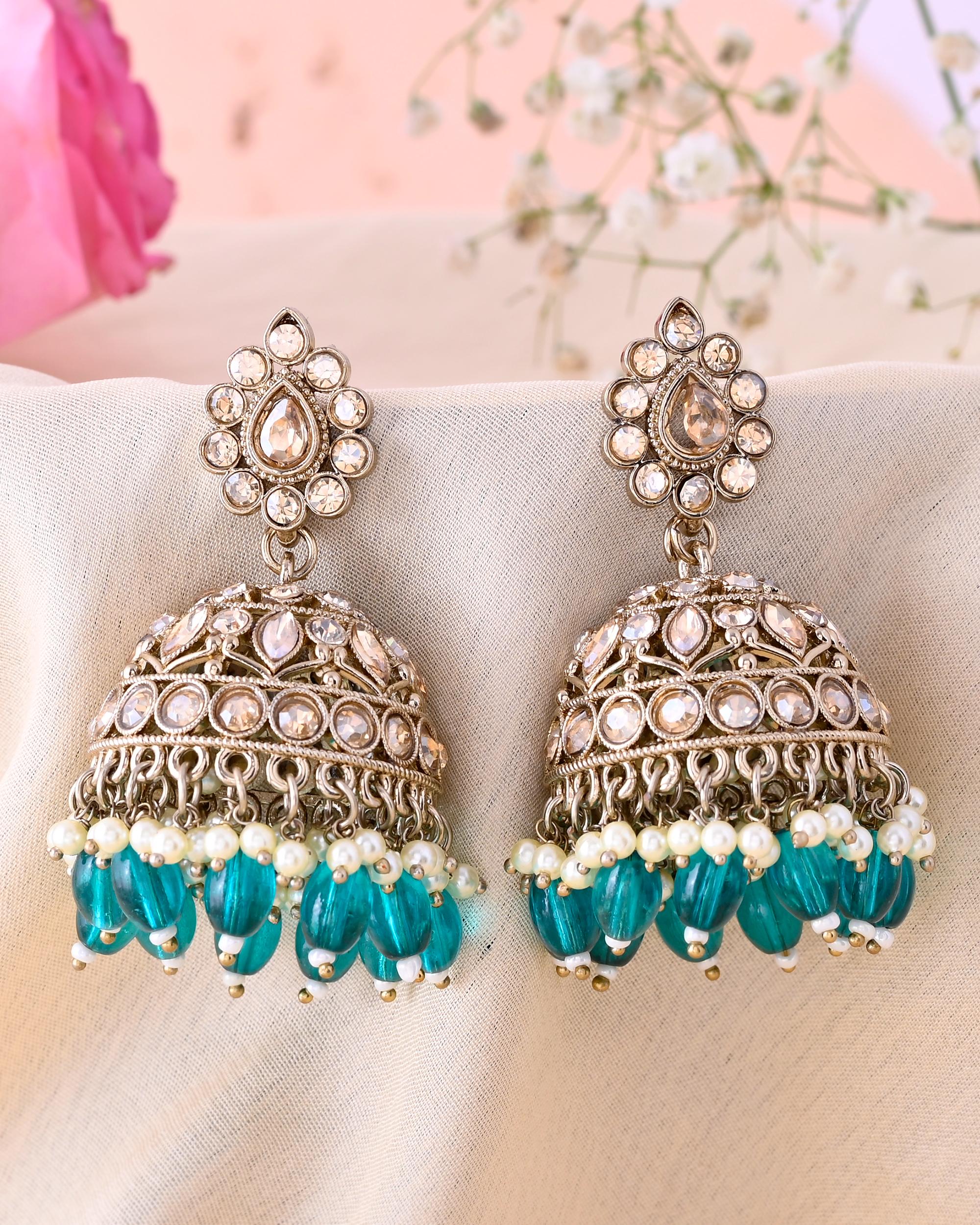 VOJ Gold-Polished Stone Studded Dome Shaped Jhumkas - Distacart