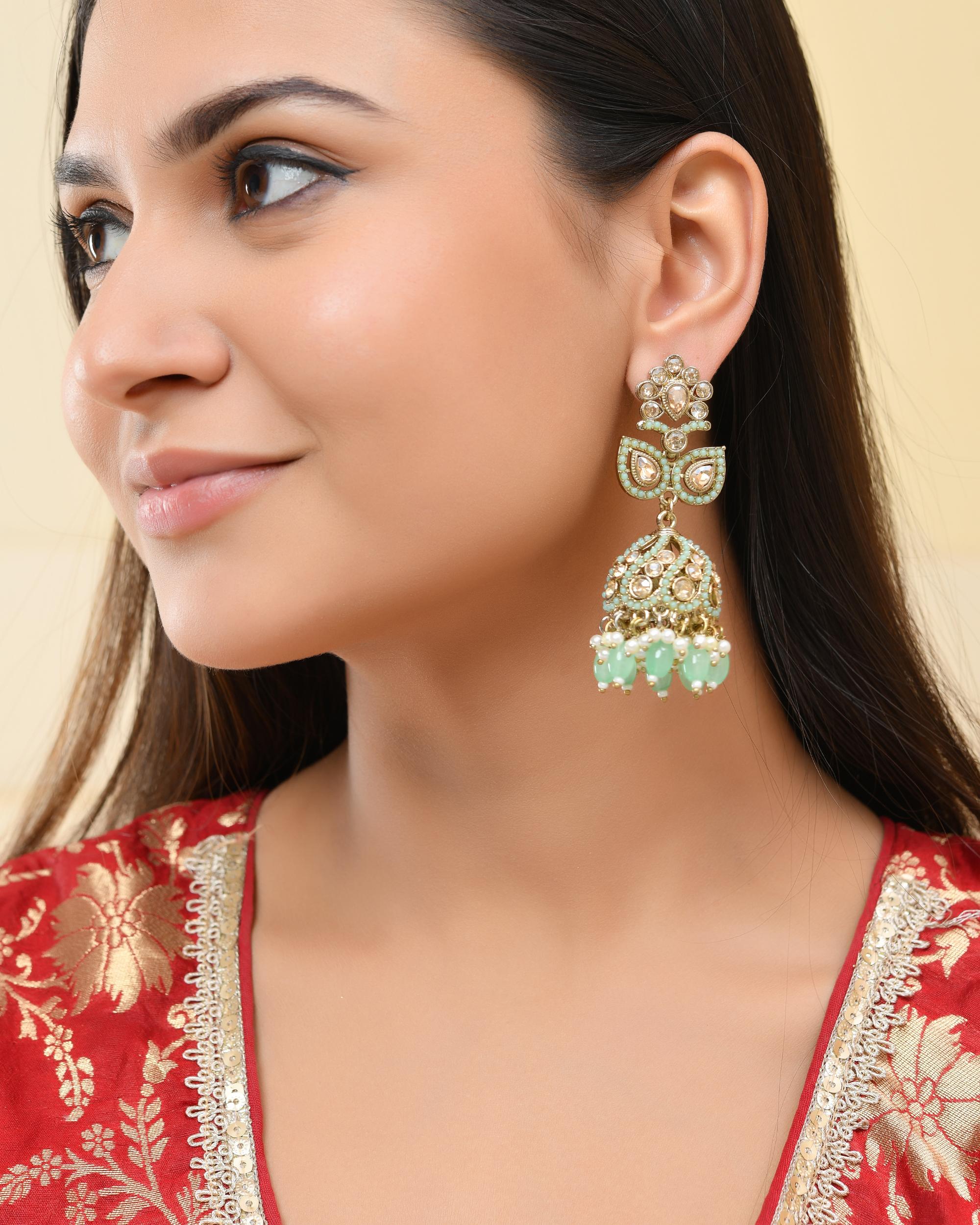 VOJ Mint Green Stone Studded Gold-Polished Jhumkas - Distacart