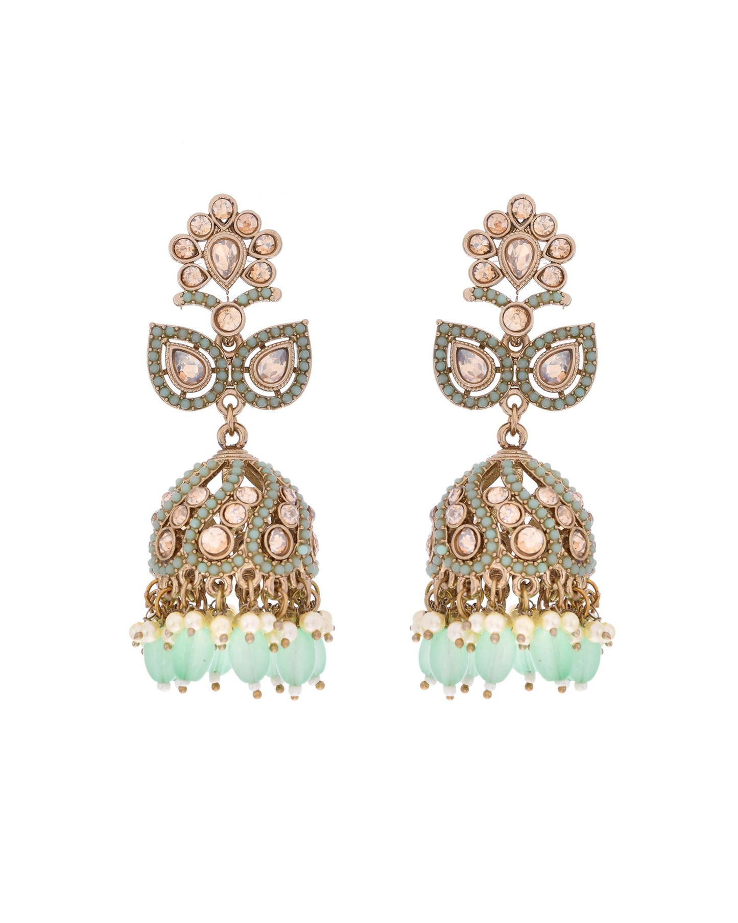 VOJ Mint Green Stone Studded Gold-Polished Jhumkas - Distacart