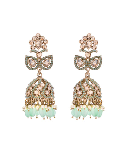 VOJ Mint Green Stone Studded Gold-Polished Jhumkas - Distacart