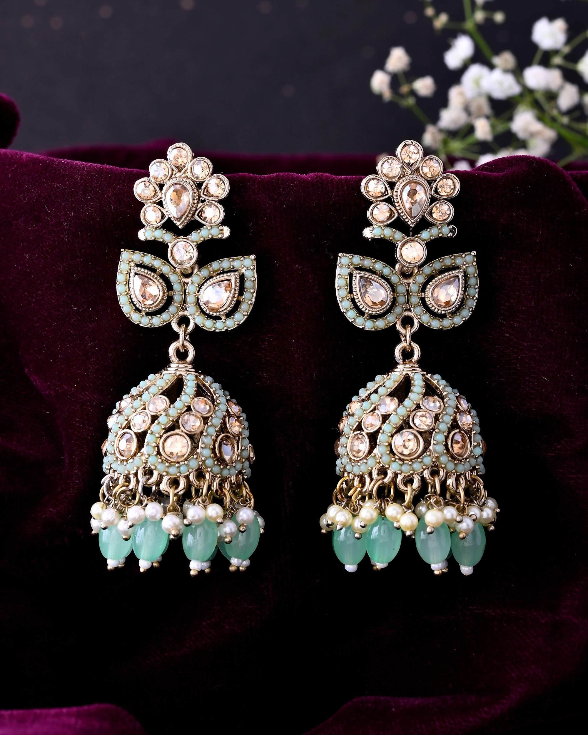 VOJ Mint Green Stone Studded Gold-Polished Jhumkas - Distacart