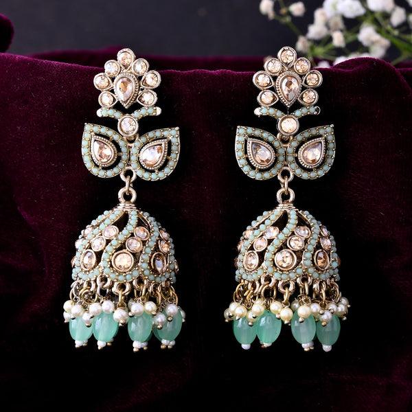 VOJ Mint Green Stone Studded Gold-Polished Jhumkas - Distacart