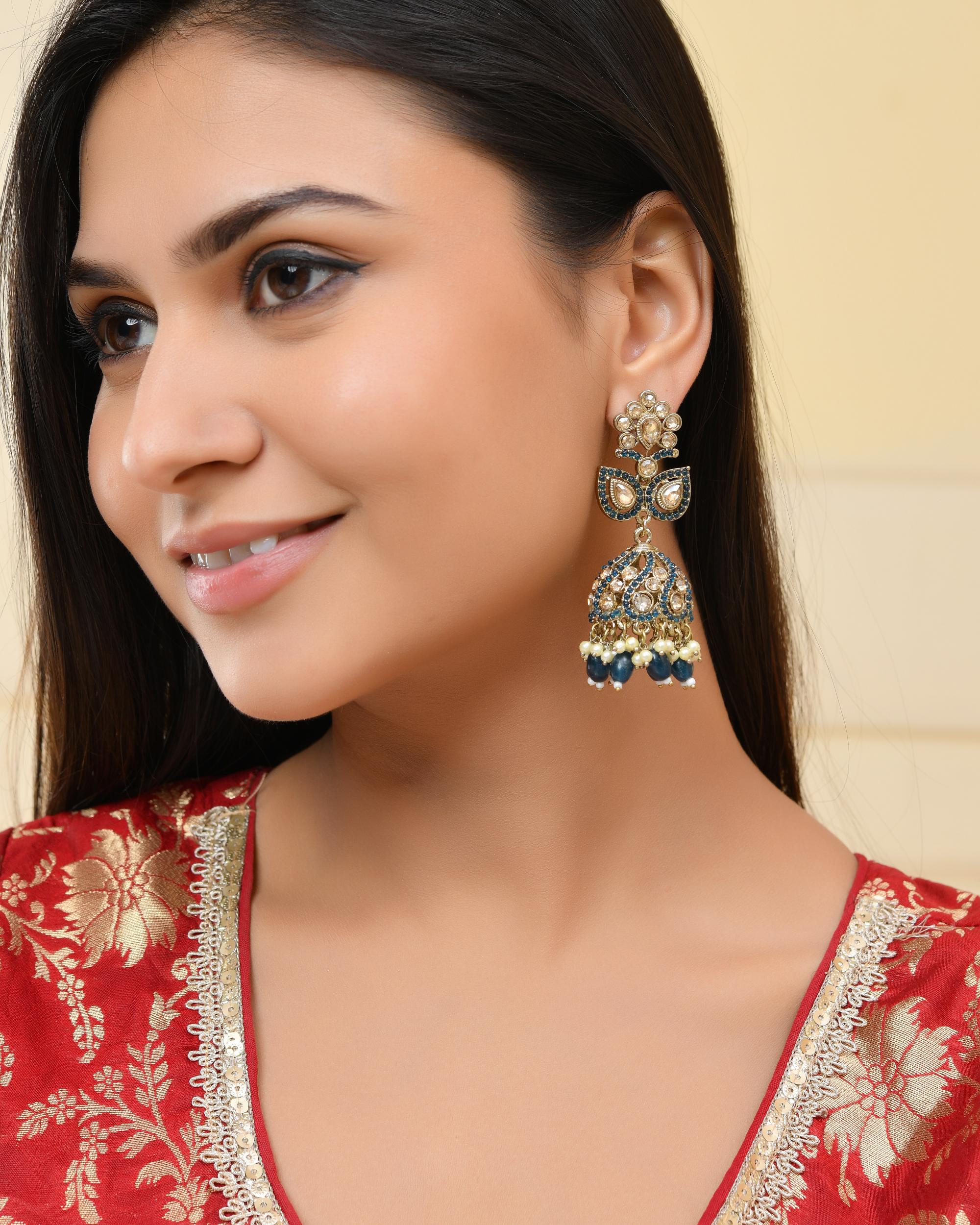 VOJ Blue Stone Studded Gold-Polished Jhumkas - Distacart