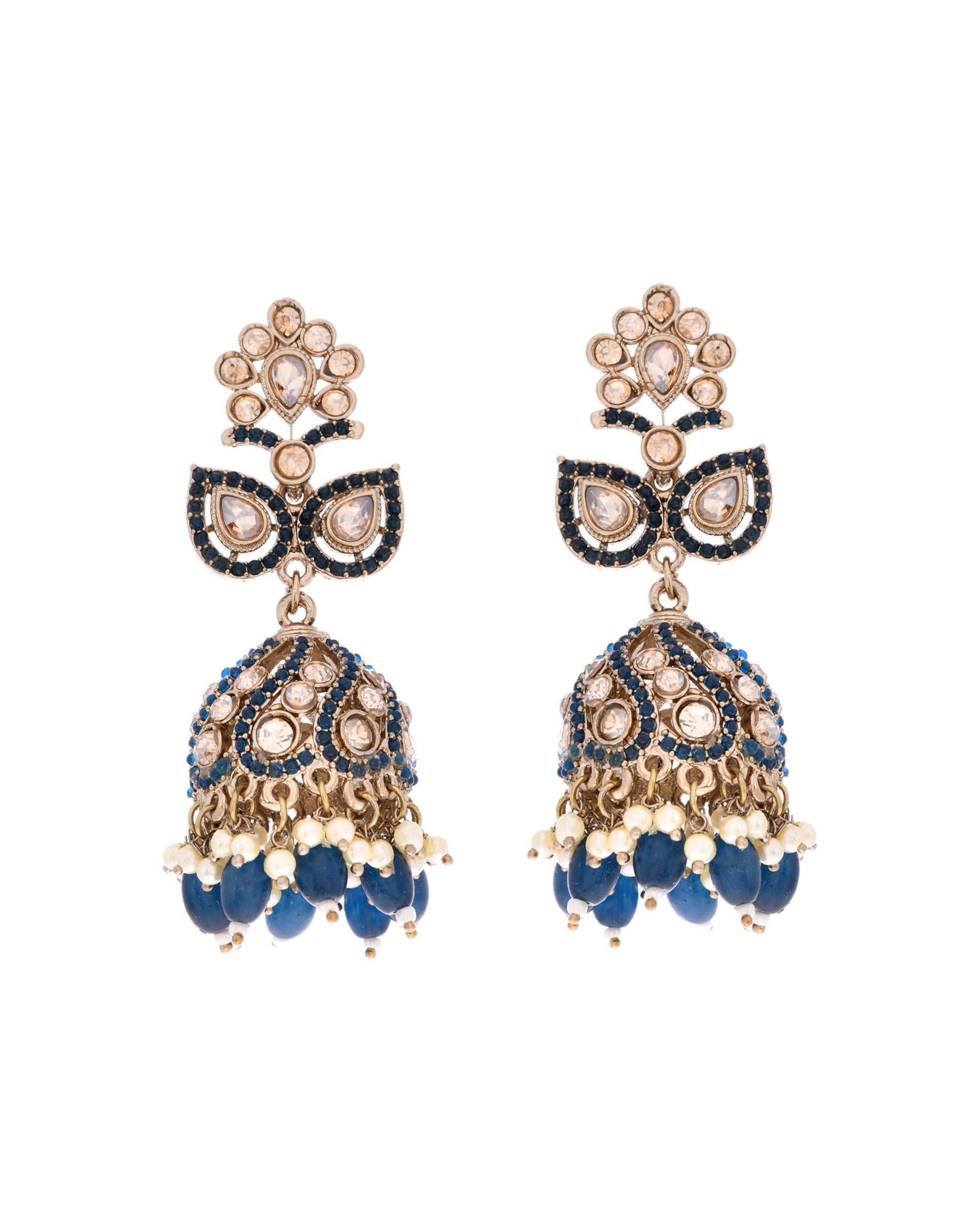 VOJ Blue Stone Studded Gold-Polished Jhumkas - Distacart