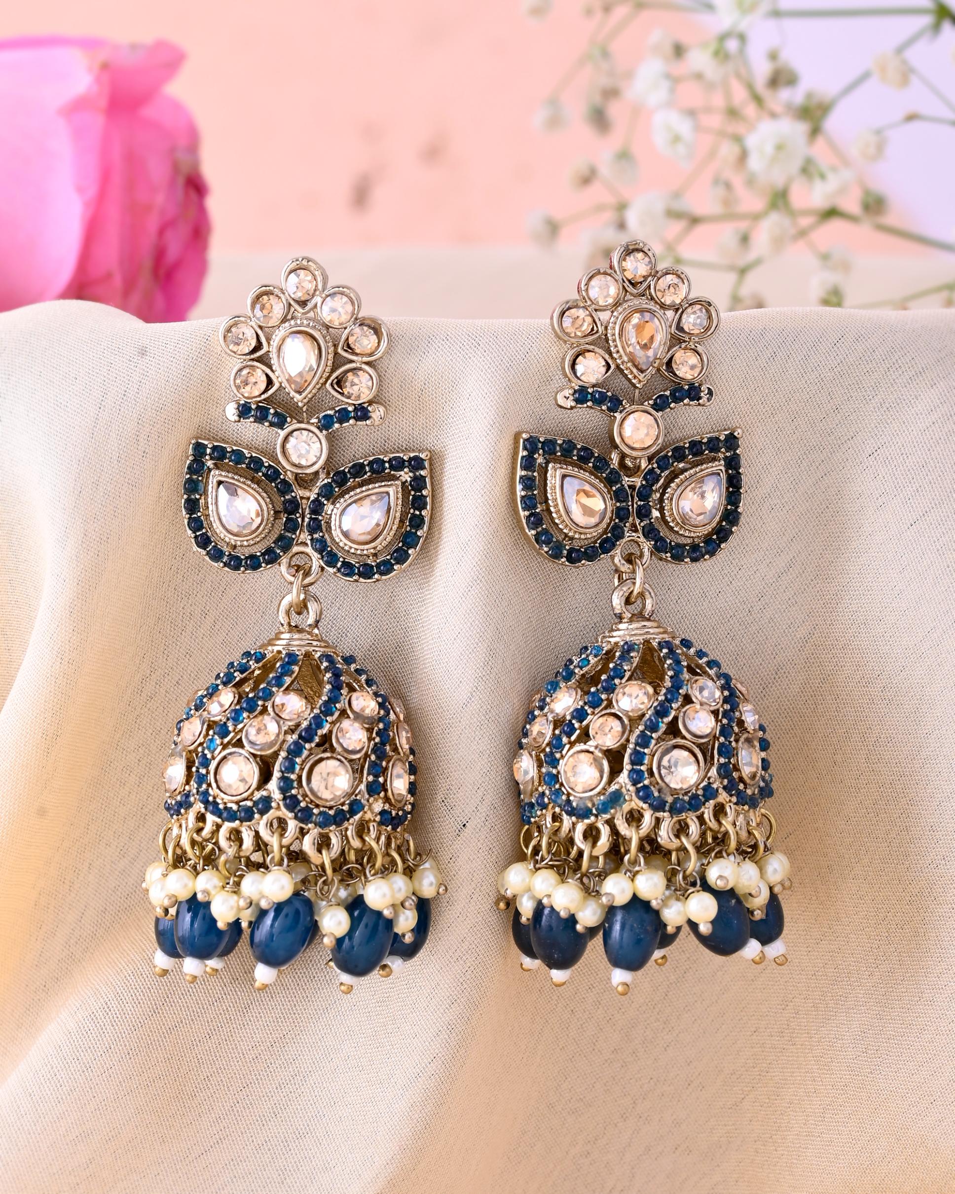 VOJ Blue Stone Studded Gold-Polished Jhumkas - Distacart
