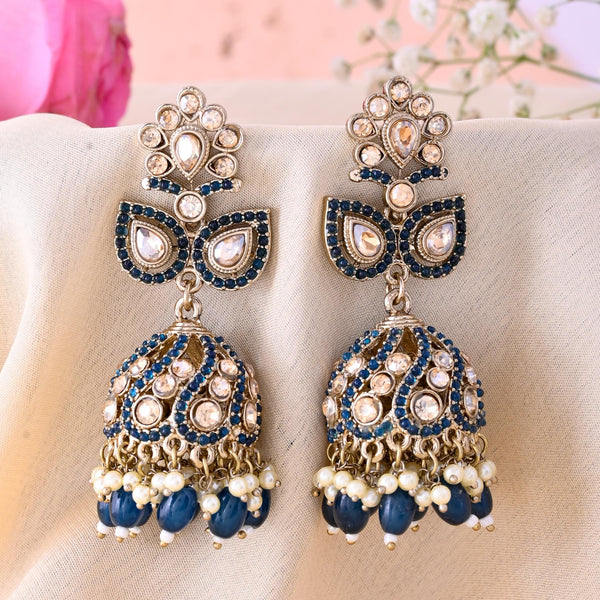 VOJ Blue Stone Studded Gold-Polished Jhumkas - Distacart