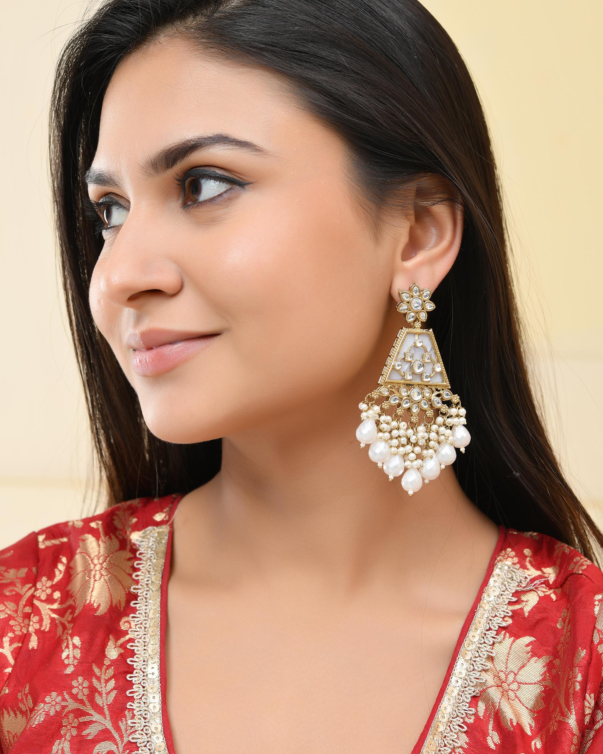 VOJ Gold-Polished Kundan Studded Contemporary Earrings - Distacart