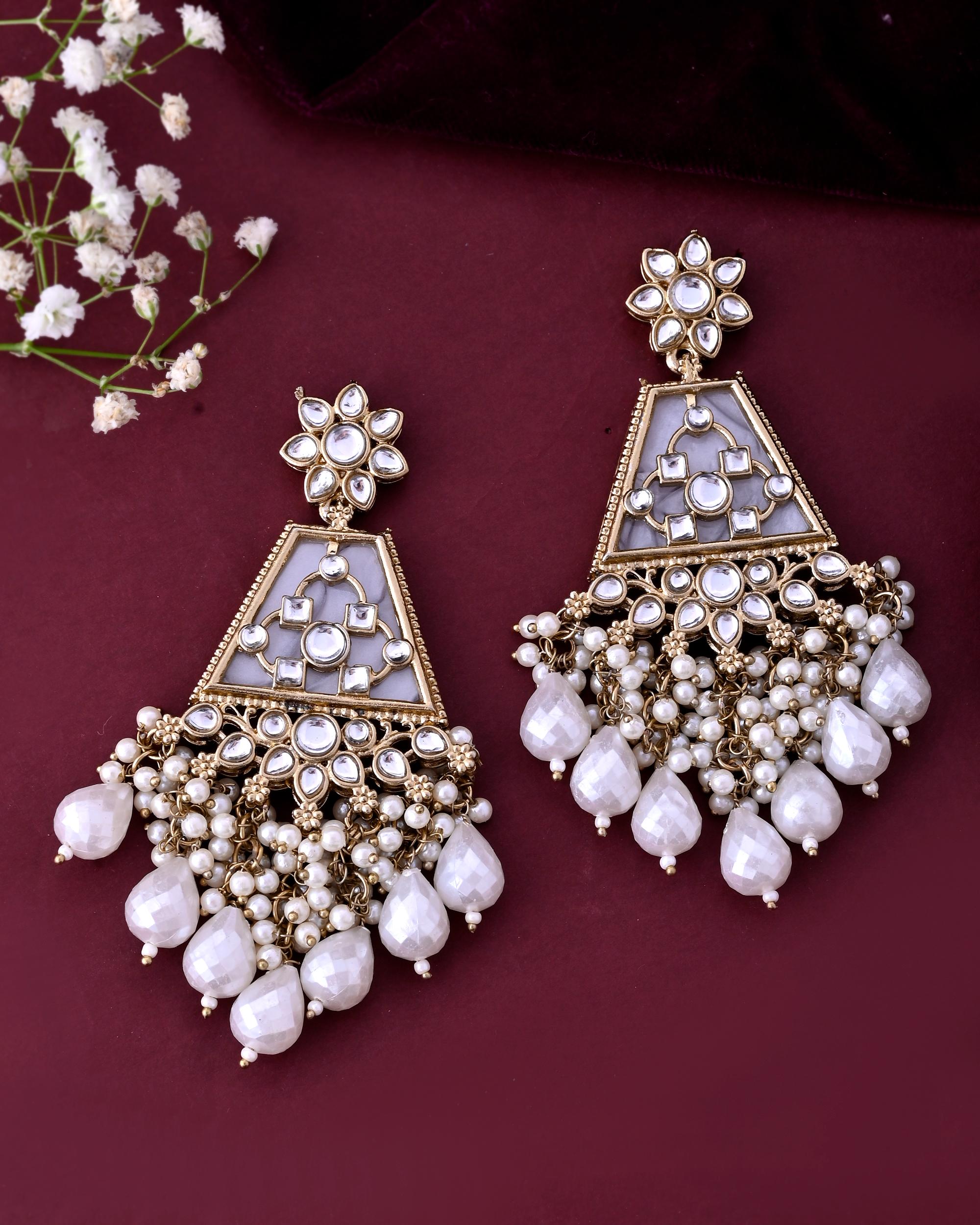 VOJ Gold-Polished Kundan Studded Contemporary Earrings - Distacart