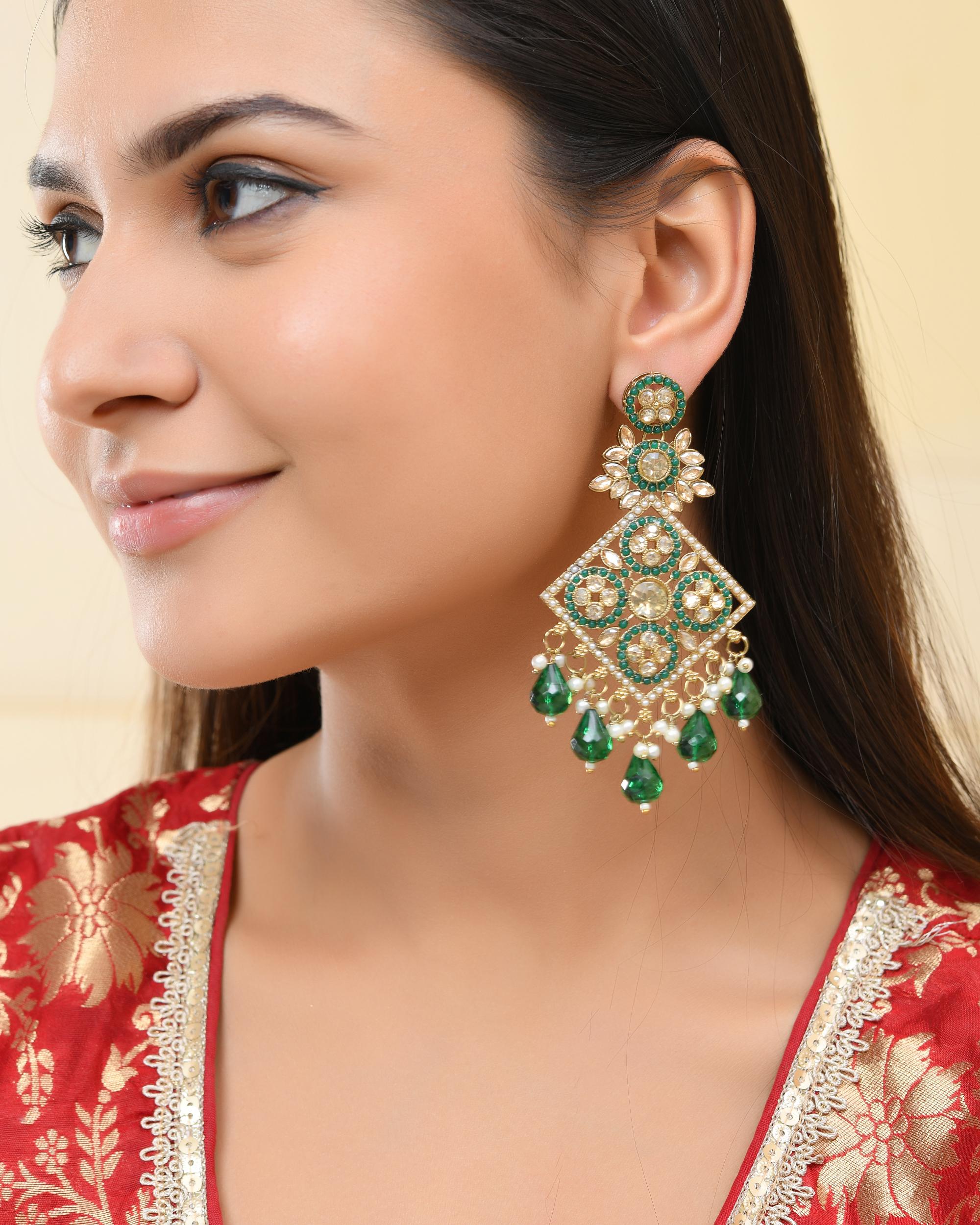 VOJ Green Stone Studded Gold-Polished Square Shaped Earrings - Distacart