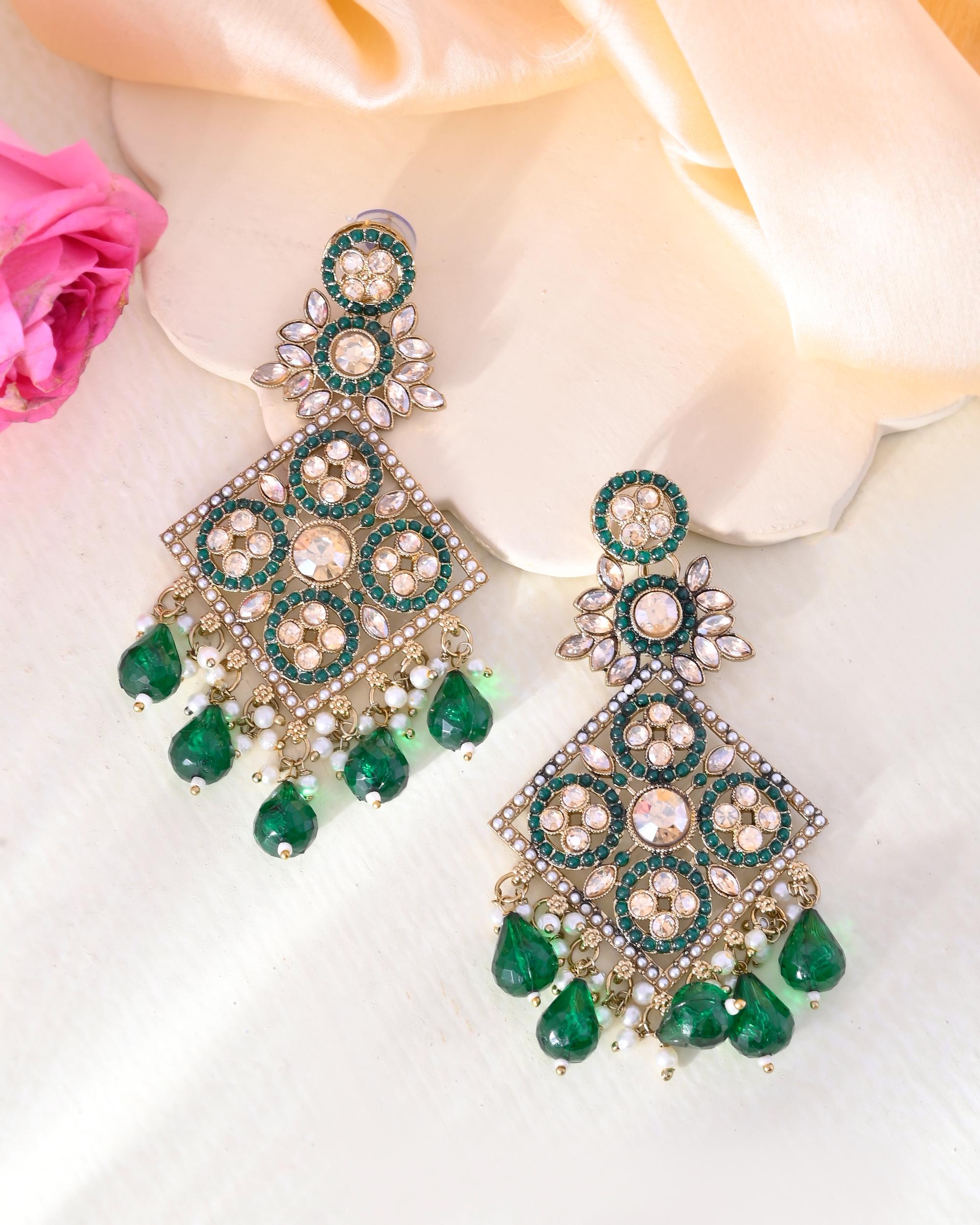 VOJ Green Stone Studded Gold-Polished Square Shaped Earrings - Distacart