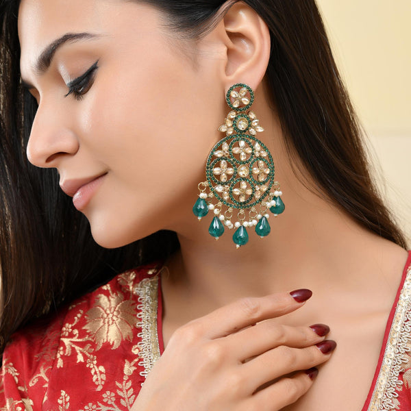 VOJ Teal Green Stone Studded Gold-Polished Circle Shaped Earrings - Distacart