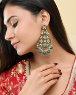 Thumbnail for VOJ Teal Green Stone Studded Gold-Polished Circle Shaped Earrings - Distacart