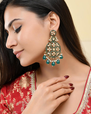 VOJ Teal Green Stone Studded Gold-Polished Circle Shaped Earrings - Distacart