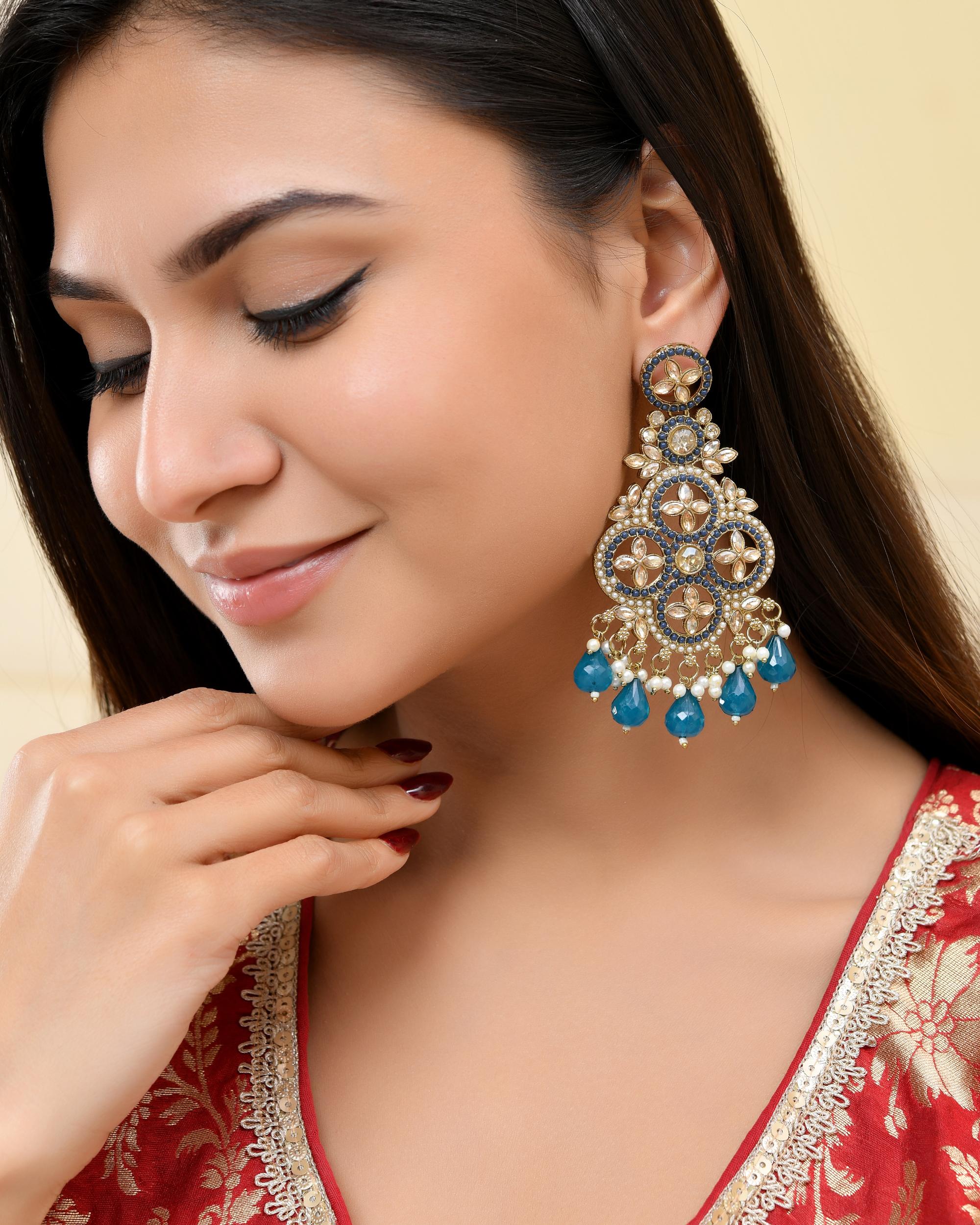 VOJ Blue Stone Studded Gold-Polished Crescent Shaped Earrings - Distacart