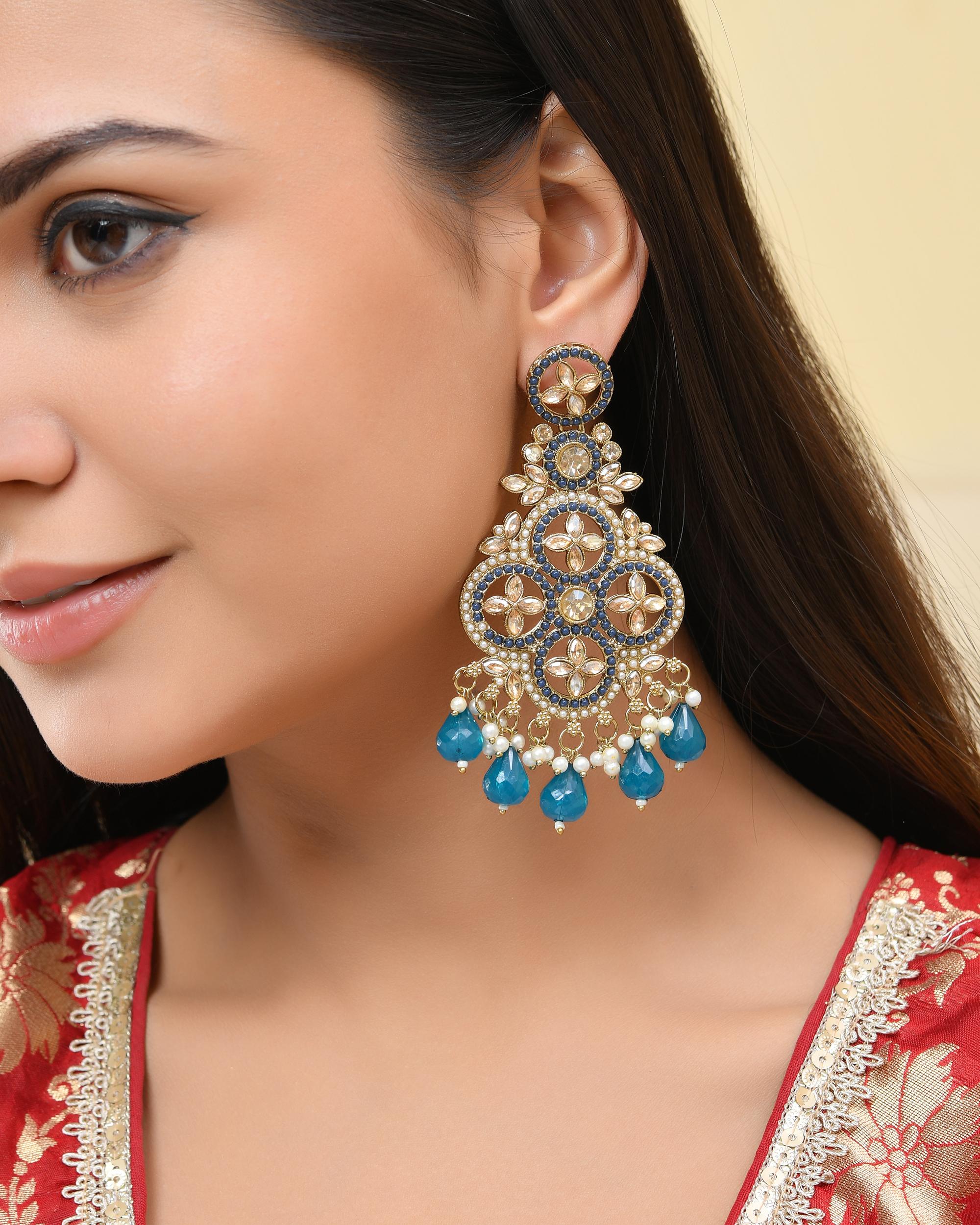 VOJ Blue Stone Studded Gold-Polished Crescent Shaped Earrings - Distacart