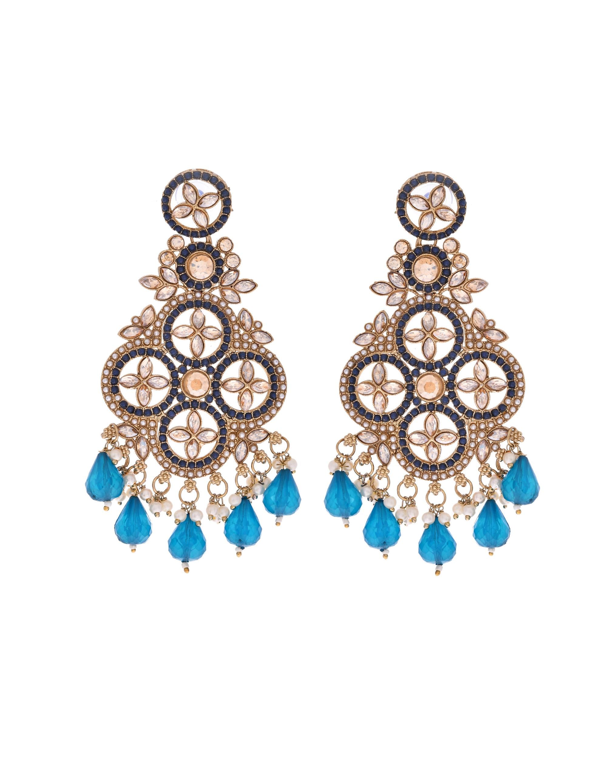 VOJ Blue Stone Studded Gold-Polished Crescent Shaped Earrings - Distacart