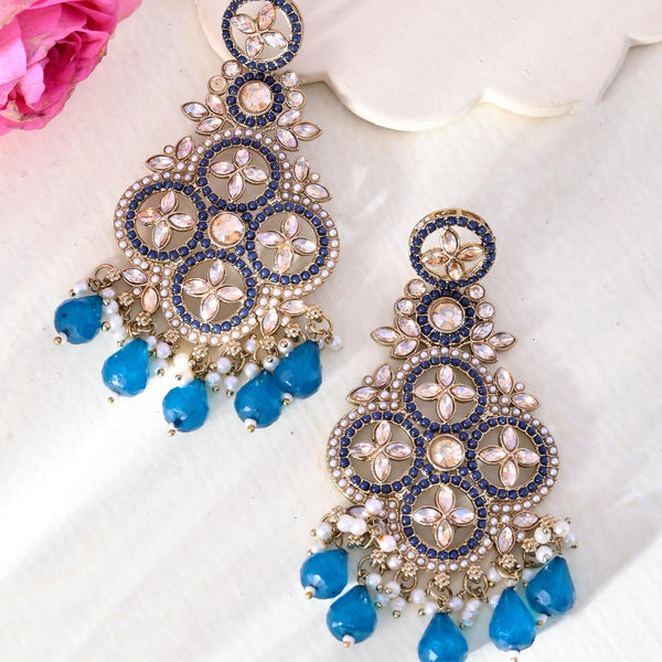 VOJ Blue Stone Studded Gold-Polished Crescent Shaped Earrings - Distacart