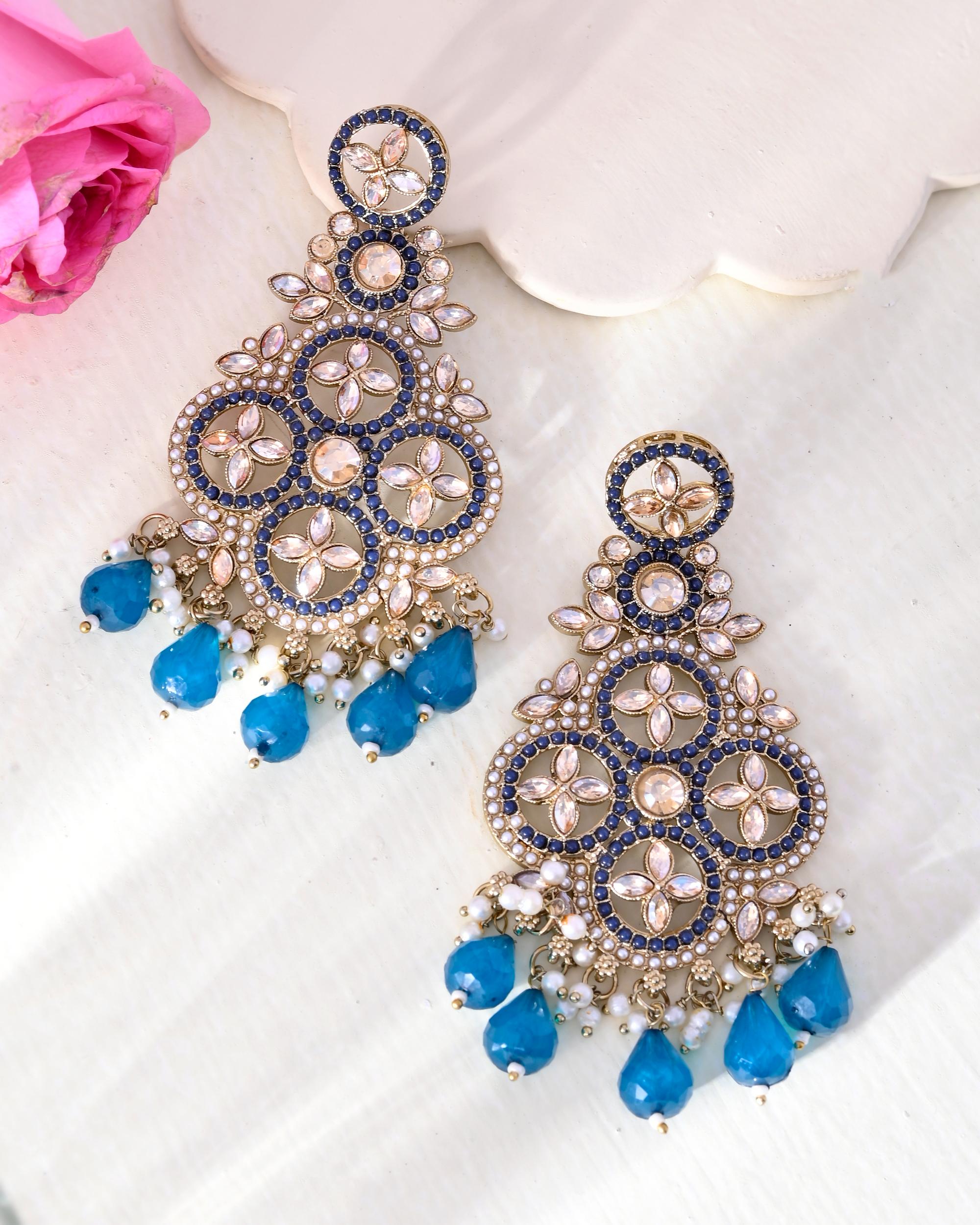 VOJ Blue Stone Studded Gold-Polished Crescent Shaped Earrings - Distacart