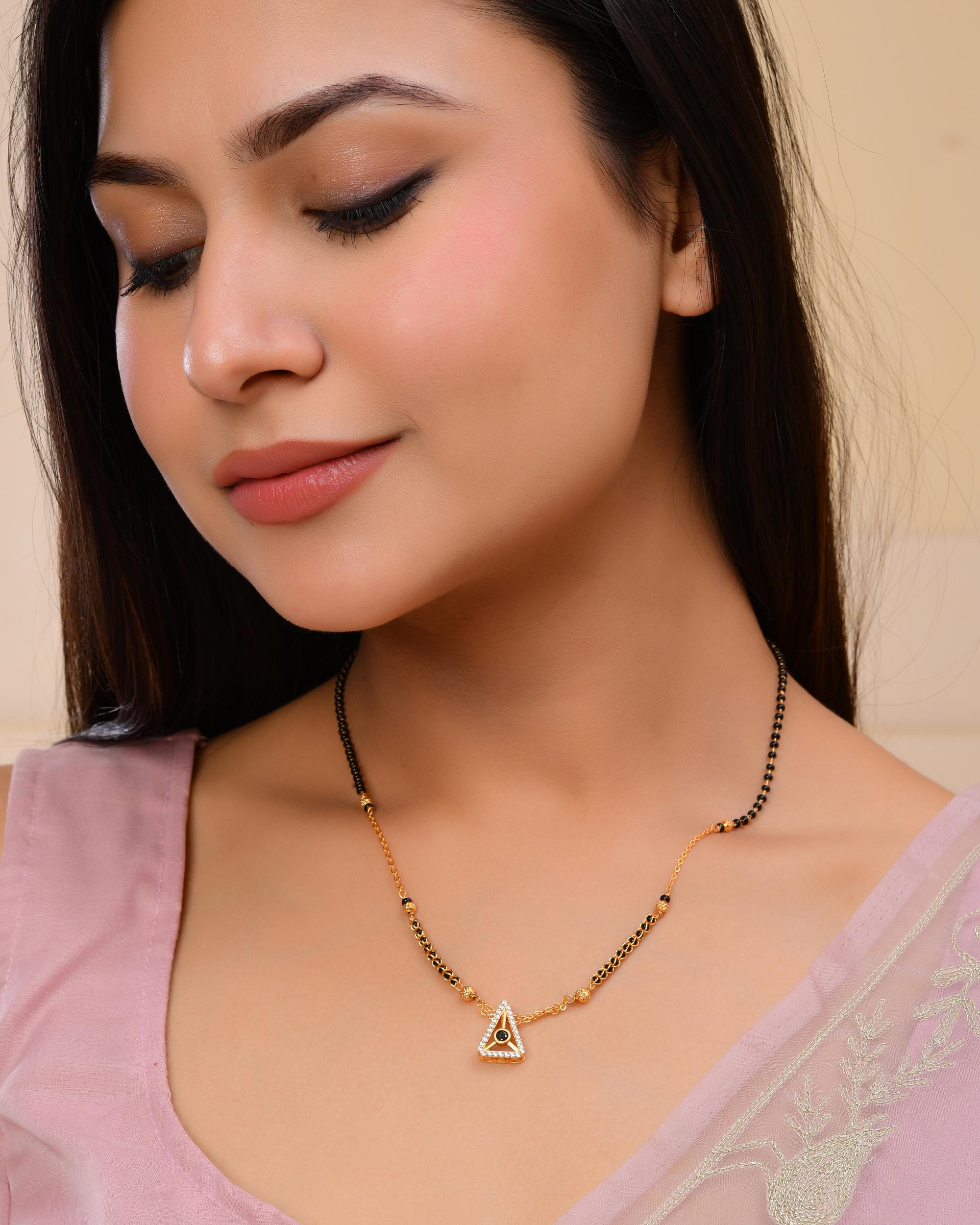 VOJ Gold-Polished Ad Studded Geometrical Shaped Mangalsutra - Distacart